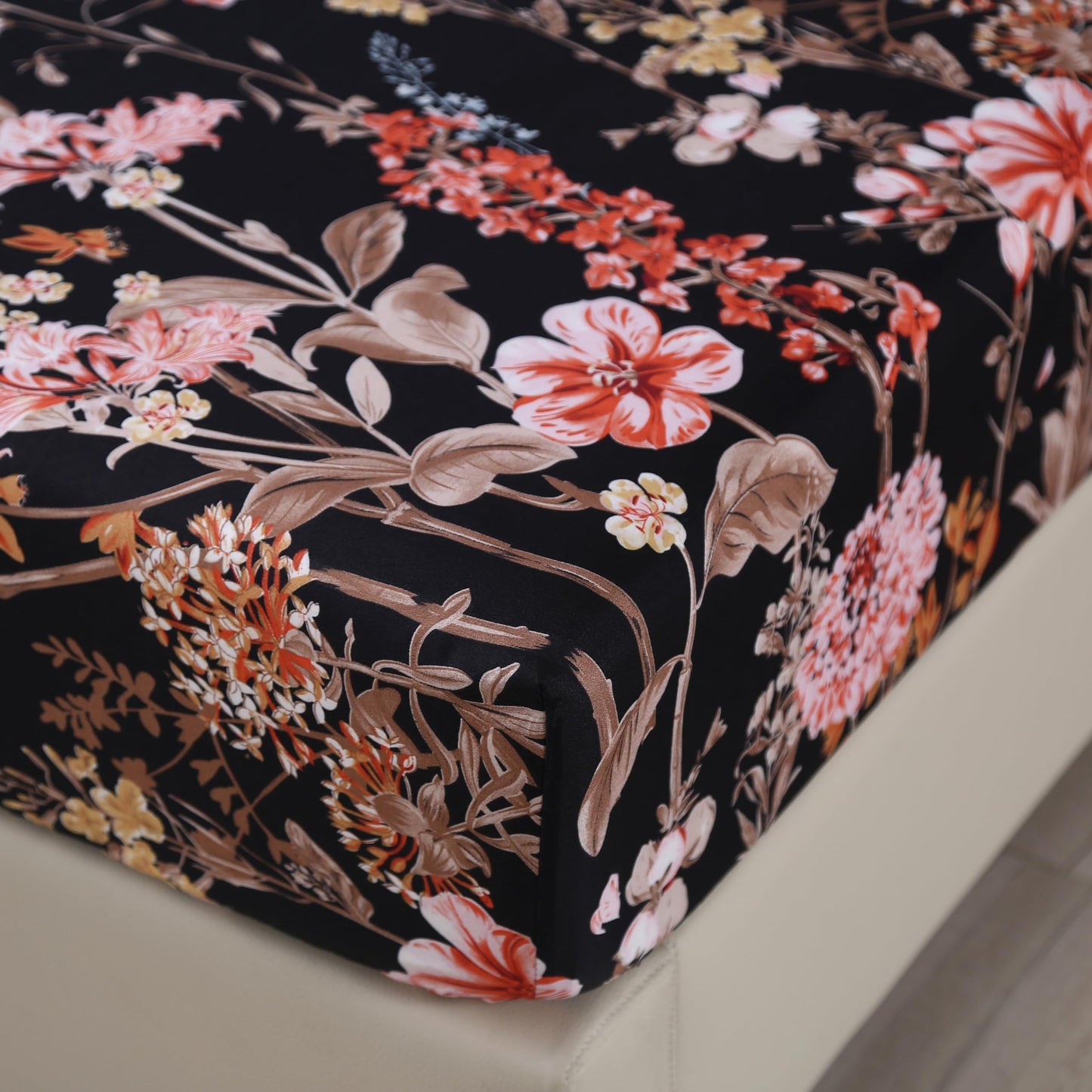 MAG 3pcs Black Floral Full Bed Sheet,Microfiber Flower Boho Fitted Sheets with 1 Fitted Sheet and 2 Pillowcases,14 Inches Deep (Black, Full)