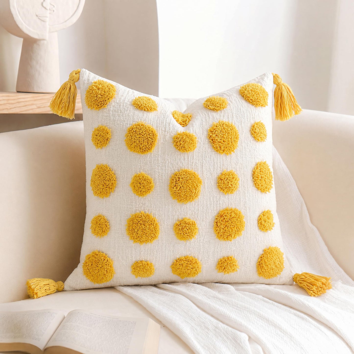 PANOD Super Soft Farmhouse Decorative Plush Throw Pillow Covers 16 x 16 Yellow,Solid Pom pom Tufted with Tassels Modern Accent Boho Square Cushion Cover Pillow Case for Couch Sofa