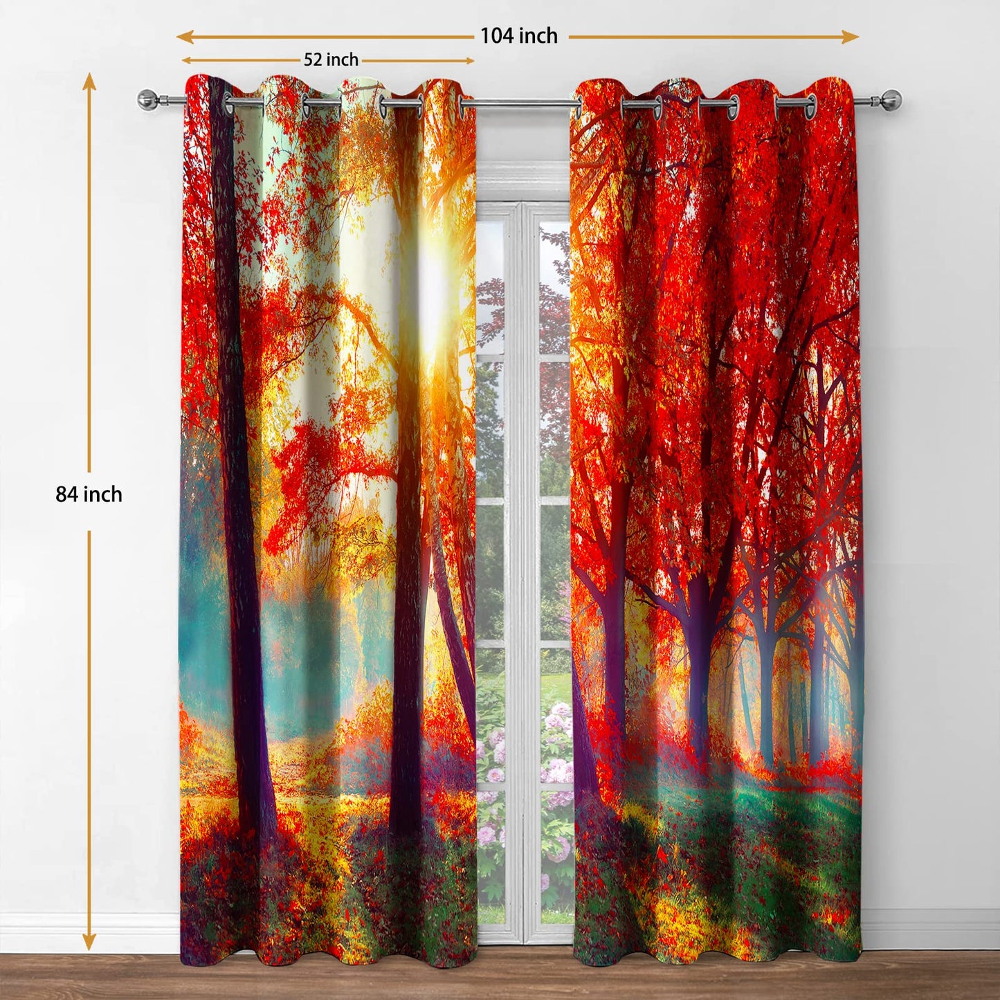 Jekeno Fall Tree Forest Blackout Curtains Jungle Autumn Tree Orange Leaves Sunlight Print Fall Nature Scenery Decor Home Bedroom Living Room Grommet Window Drapes 2 Panel Set, 52"x84"
