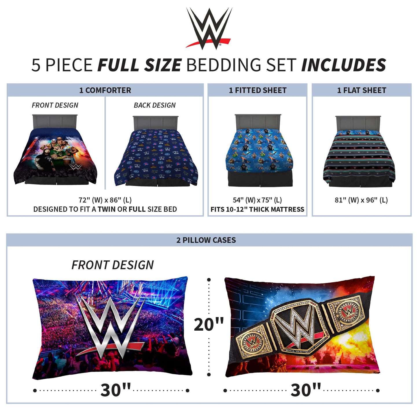 Franco Kids Bedding Super Soft Comforter and Sheet Set, 5 Piece Full Size, WWE