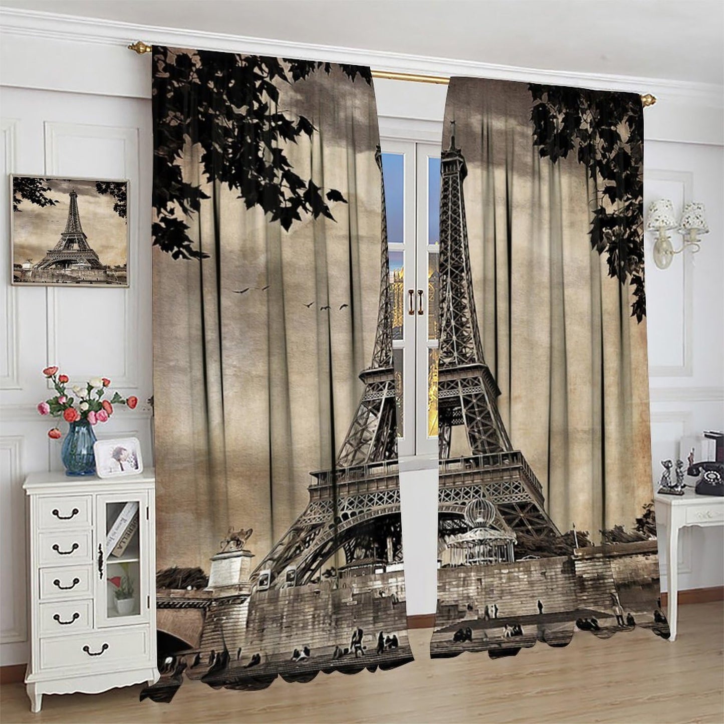 Wallira Paris Eiffel Tower Curtains European Famous Place Cityscape Scene Paris Landmark Decor Rod Pocket Window Treatments for Girl Women Aldult Bedroom Living Office Restaurant Drapes 41" W X 45" L