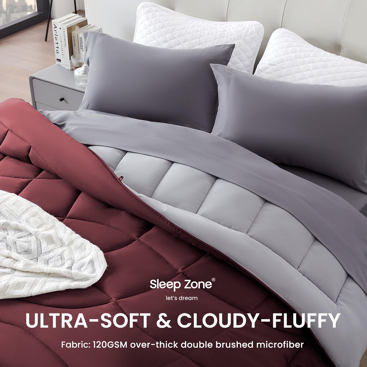 SLEEP ZONE Comforter Duvet Insert, Queen Size Quilted Reversible Comforters, Soft All Season Duvet, Down Alternative Breathable Bedding with 8 tabs, 2 Sides Burgundy Gray 88 x 88 Inches