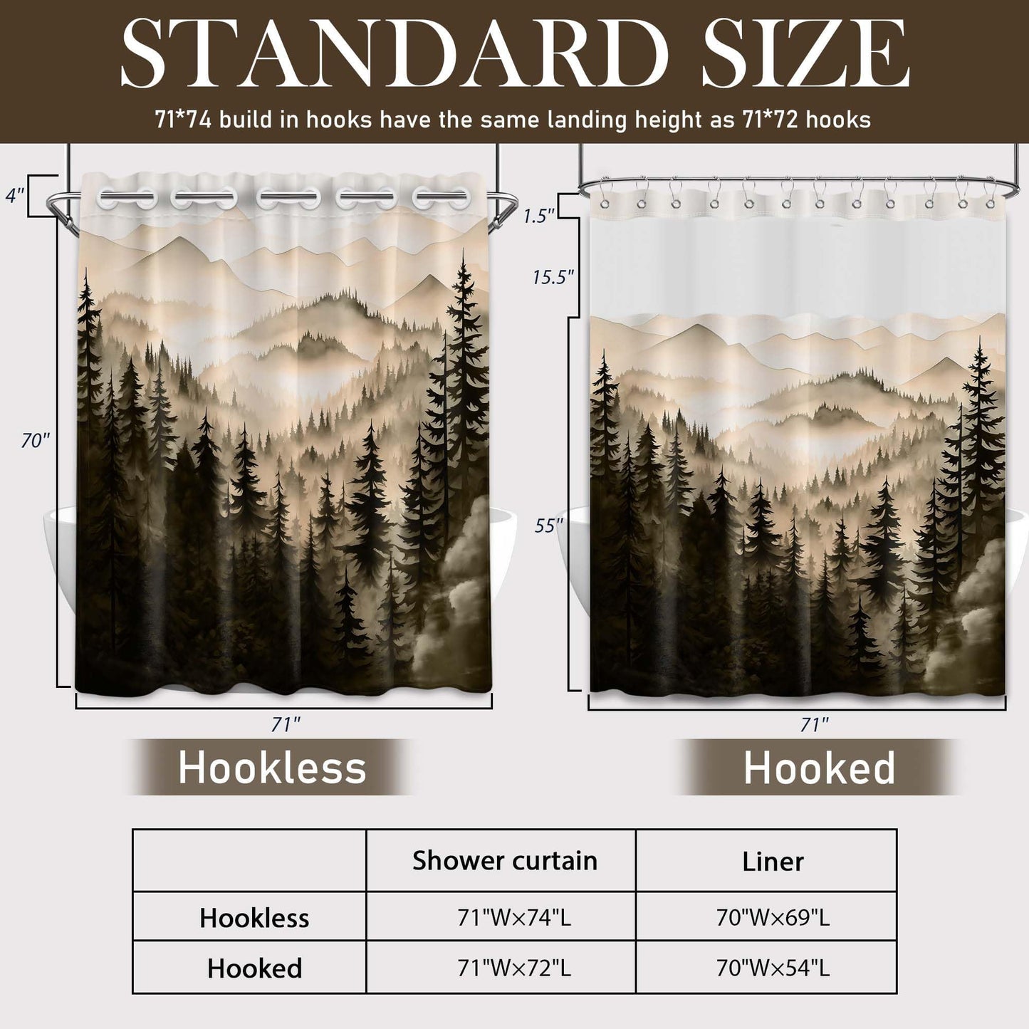 Bxpaitx Dark Brown Forest Hookless Shower Curtain with Snap in Liner Set, Chocolate Bronze Brown No Hook Shower Curtains for Mens Bathroom, Liner with Magnets, Waterproof Cloth Fabric, 71" W x 74" L