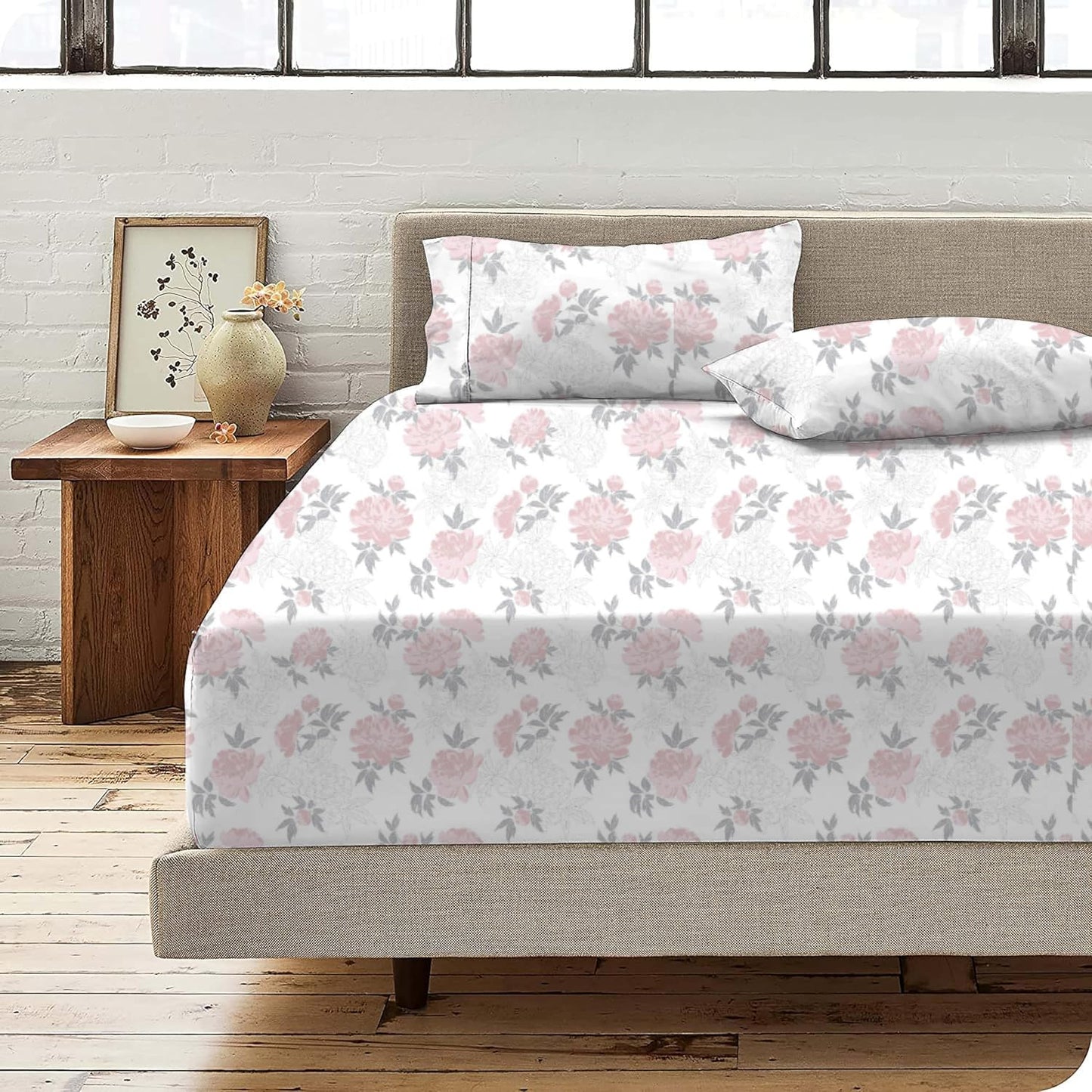 Queen Sheet Set - 4 Piece Bedding - Brushed Microfiber Soft Sheets for Queen Size Bed with Flat,Fitted Sheet,2 Pillow Cases (Blush Petals)