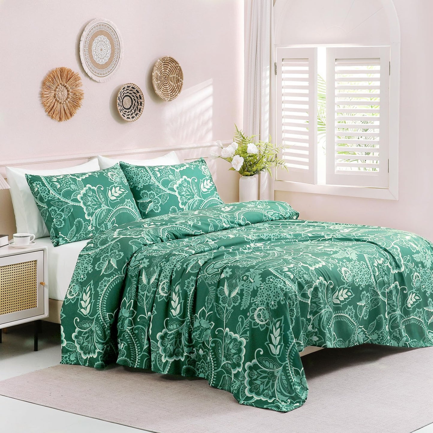 Botanical 6-Piece Full Size Sheets Set, Boho Floral Print Brushed Microfiber Sheets, Cooling Bed Sheet Set, Ultra Soft & Breathable, 16' Deep Pocket Fitted Sheet & Pillowcase Set, Green Paisley