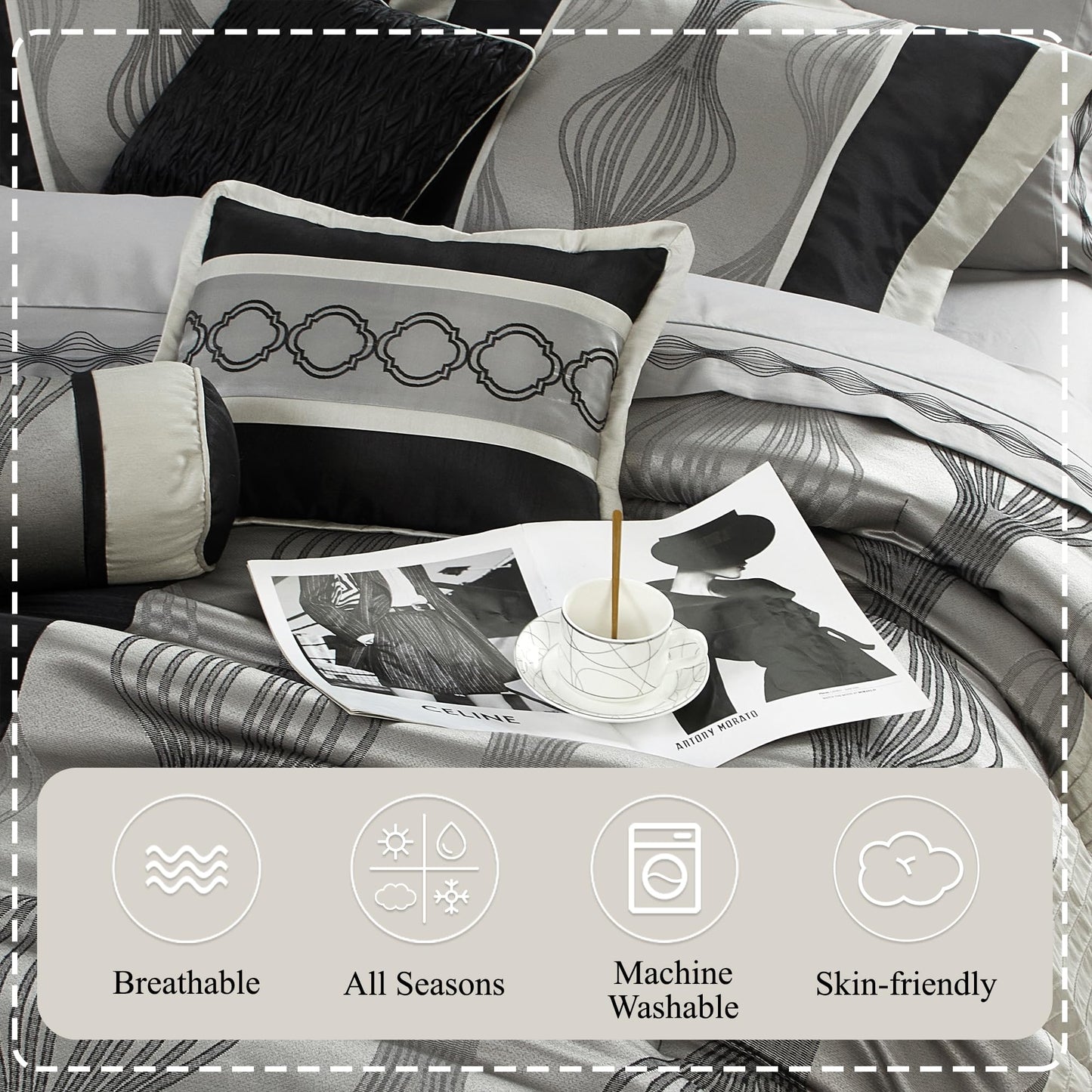 Stratford Park Elegant Black and Silver Comforter Set Queen Size, 7 Pieces Bedding & Collection, Jacquard All Season Comforter & Pillows, Ultra-Soft Microfiber