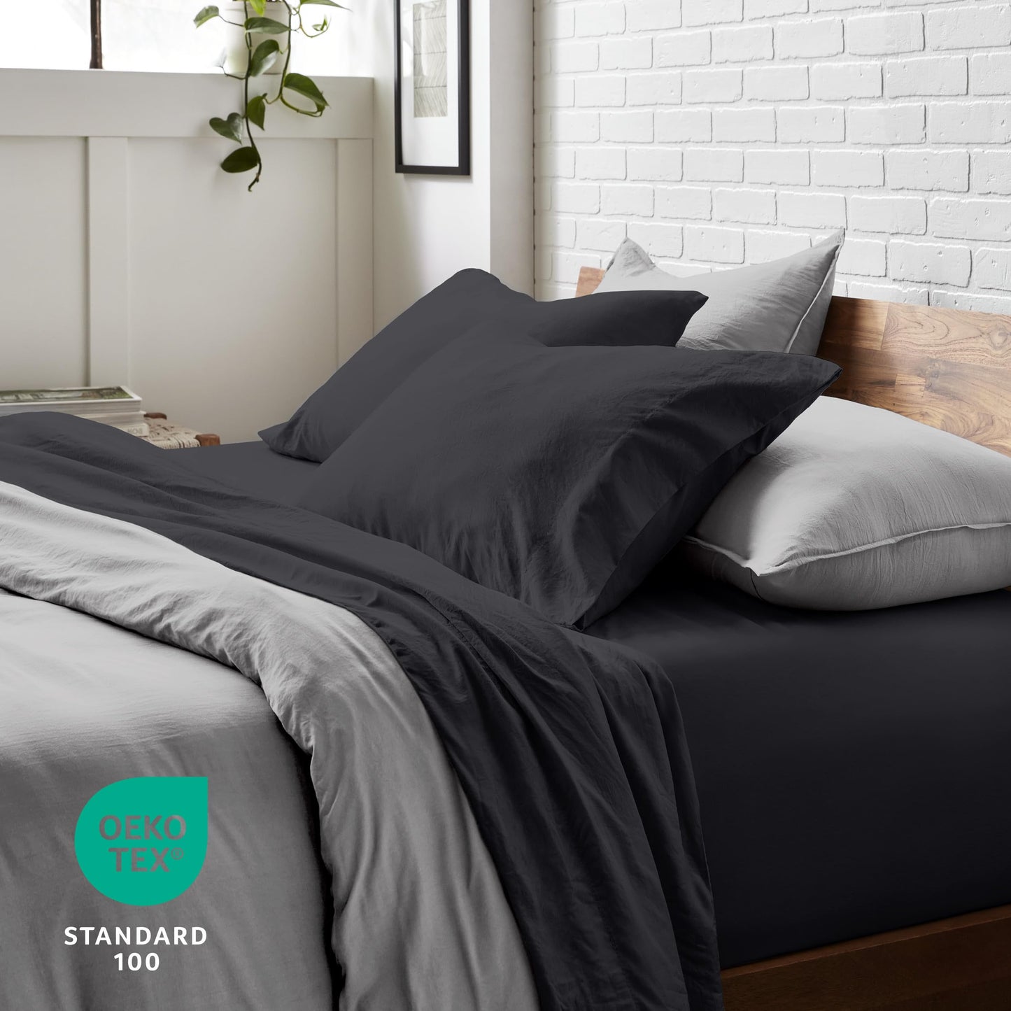 Bare Home Queen Sheet Set - Luxury 1800 Ultra-Soft Stonewashed Microfiber - Brushed - Deep Pockets - Easy Fit - Breathable Bedding - Sheet Sets & Pillowcases (Queen, Black)