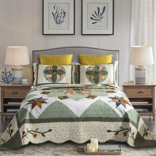 YAYIDAY Quilts Queen Size Patchwork Bedspread Set - 100% Cotton Reversible Breathable Green Earth Geometric Quilted Quilt with Pillow Shams for All Seasons