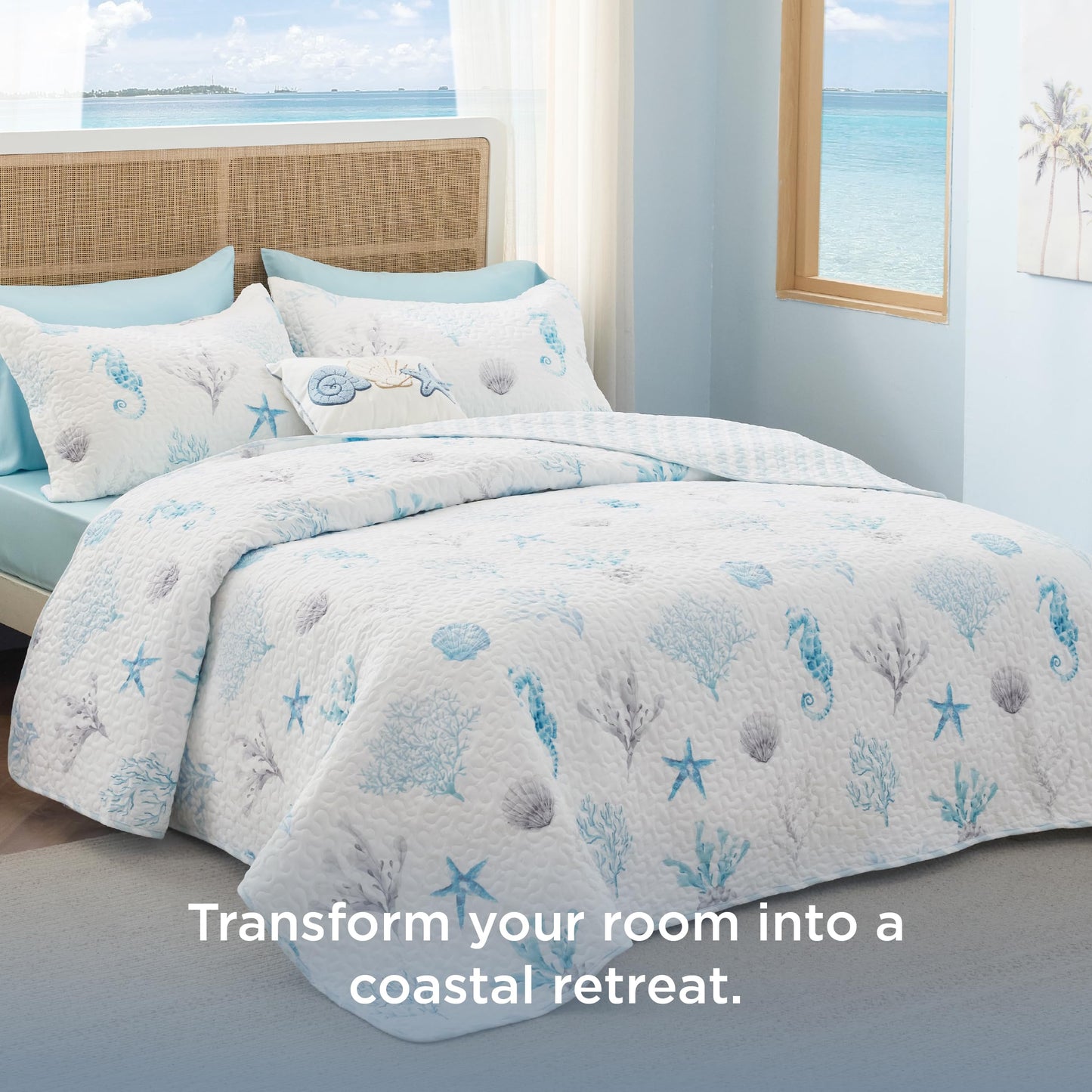 Bedsure Coastal Bedding Quilts Queen Size - Lightweight Summer Comforter Queen Size, Reversible Beach Bedding Nautical Bedspread, Soft Microfiber Blue & White Coverlet for All-Season(90"x96")
