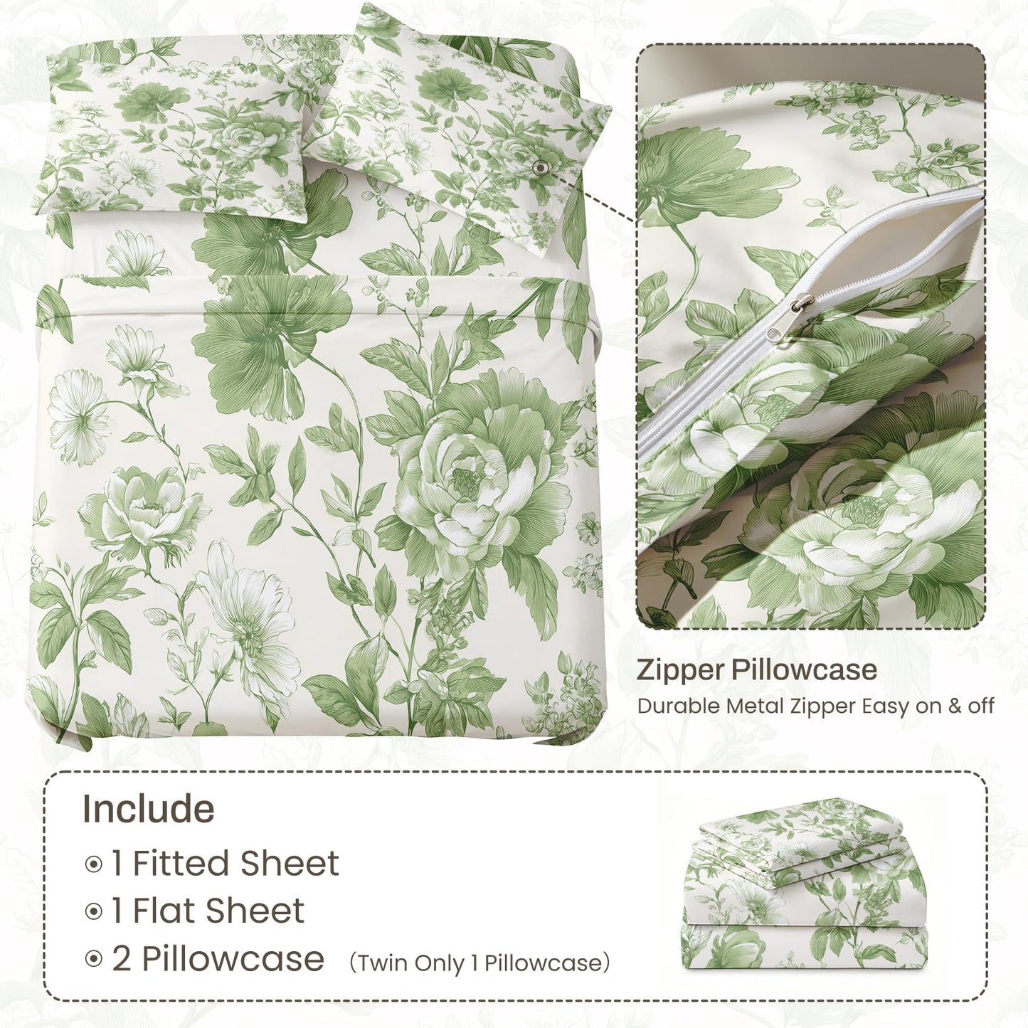 Green Floral California King Bedding Set Farmhouse Botanical Sheet Sets