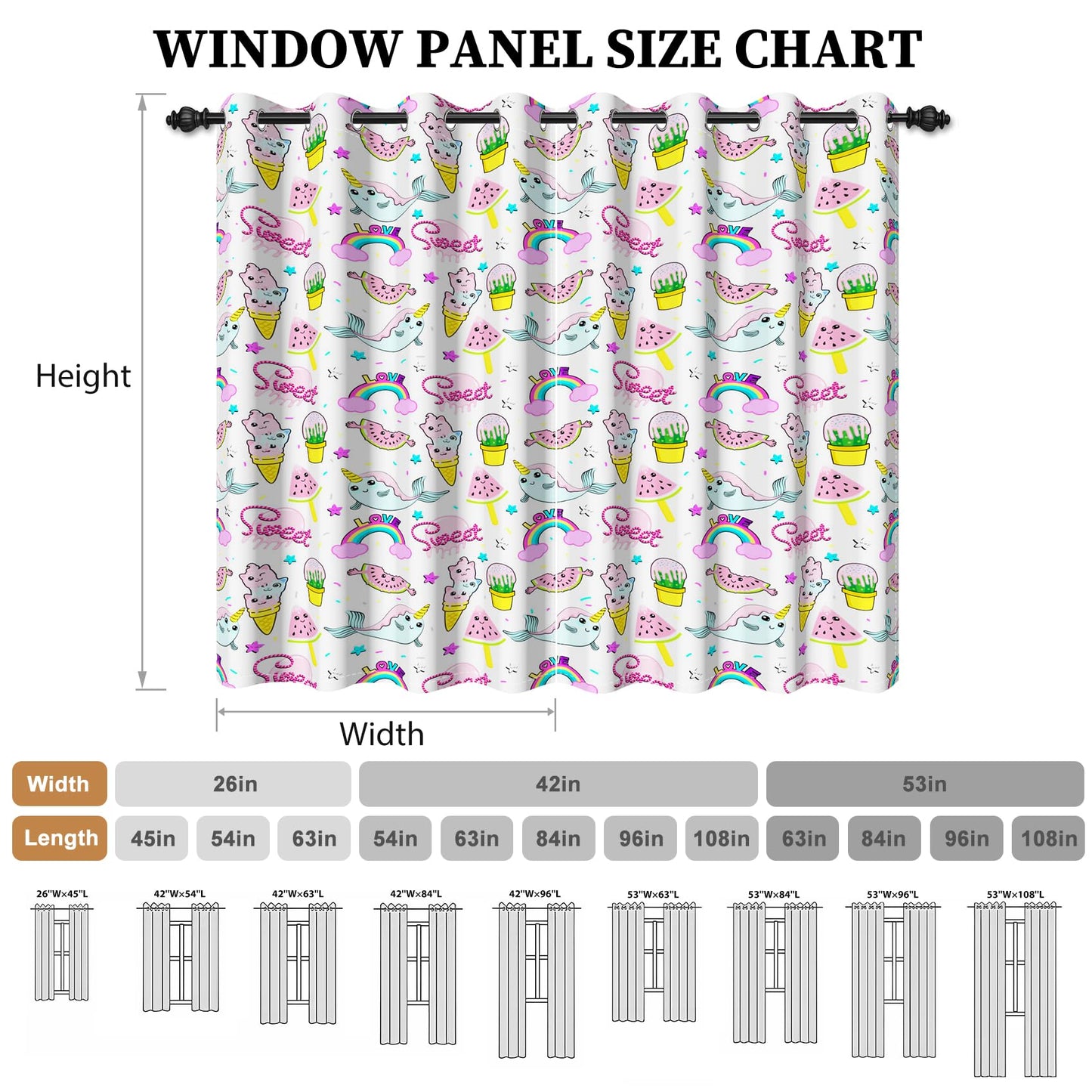 AOFOTO Cute Unicorn Narwhal Rainbow Pattern Kids Bedroom Curtains 2 Panel Sets, Summer Watermelon Ice Cream Print Blackout Curtains Pink Window Drapes for Girls Bedroom Nursery Decor 42x63 Inches