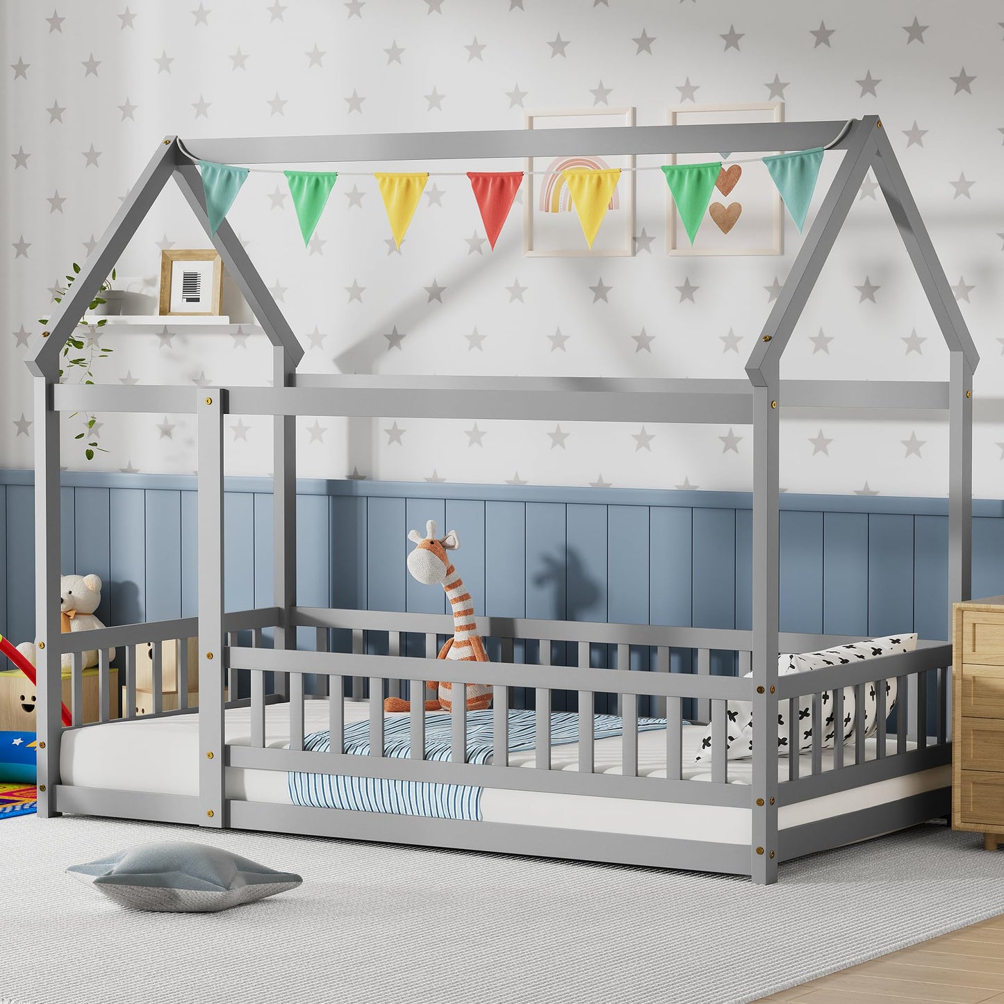 PVWIIK Twin Montessori Floor Bed with High Rails & Roof for Kids Bedroom,High Rails Bed Frame with Fence,No Box Spring Needed, Grey