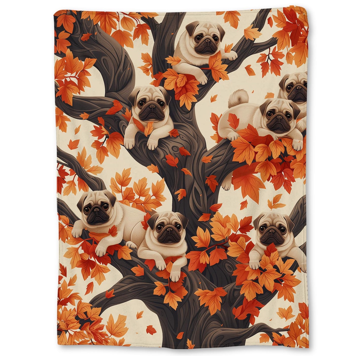 Ti Caldi Adorable Pugs in Autumn Tree Blanket - Soft Lightweight Cozy Flannel Throw Blanket for Adults Kids Women Men, Warm Fuzzy Blankets for Couch, Bed, Travel, Home Decor, Living Room 60×50 in