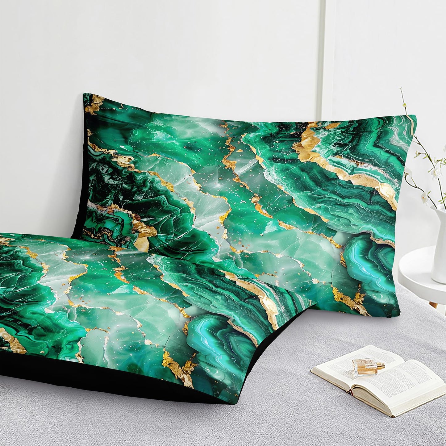 Bedbay Black Gold Comforter Set King Size Green Gold Marble Comforter 8 Pcs Emerald Green King Bed in a Bag Marble Bedding Set 1 Comforter 4 Pillowcases 1 Flat Sheet 1 Fitted Sheet 1 Cushion Cover