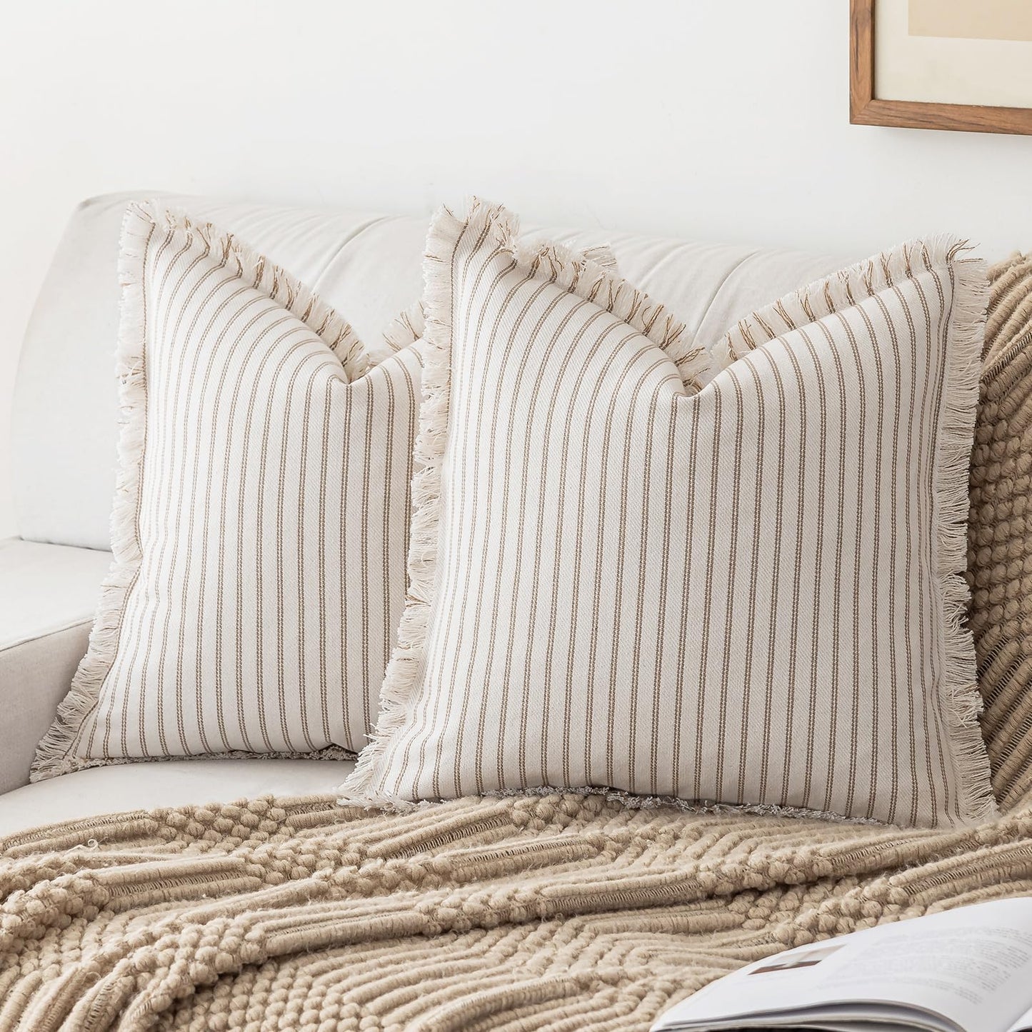 YEENAASY Throw Pillow Covers 18x18 Set of 2 Striped Fringe Pillow Cover Farmhouse Cushion Covers with Tassel Neutral Boho Pillows Decorative Square Pillowcase for Couch Sofa Bed, Khaki
