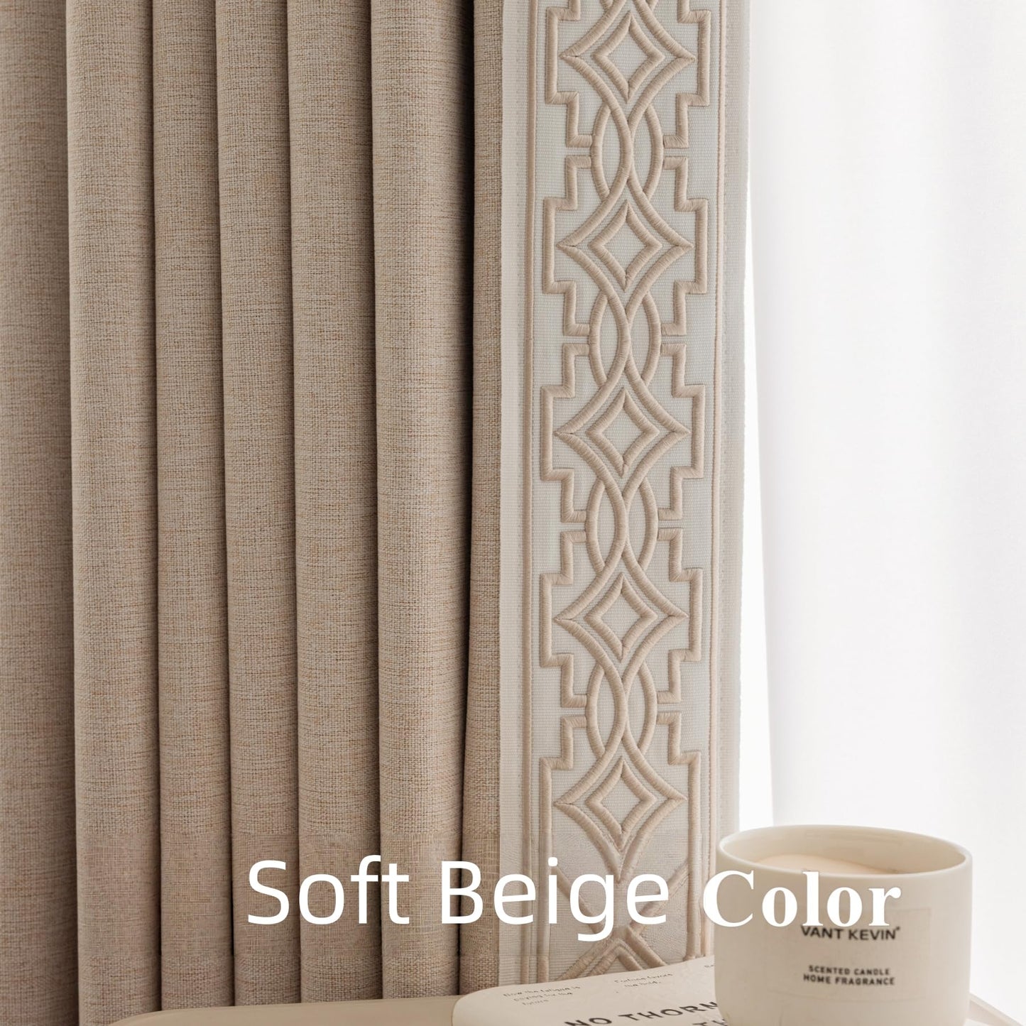 VisionaryHomeDesign Blackout Pinch Pleat Curtains with Embroidery Trim -Soft Beige Linen Blend Curtains for Living Room or Bedroom (50" W x 108" L)
