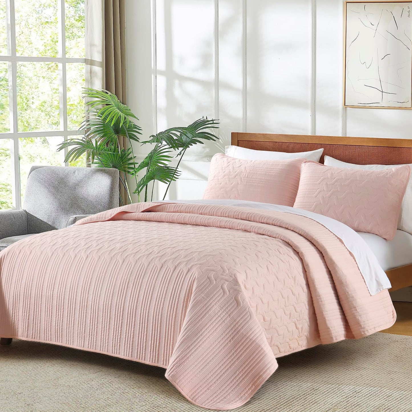 Yiran Blush Pink Quilt Set Queen Size, 3 Piece Reversible Bedspreads Bedding Set, Fall Wave Striped Pattern Coverlet for All Season with 2 Pillow Shams (Full/Queen, 96x90 Inch)