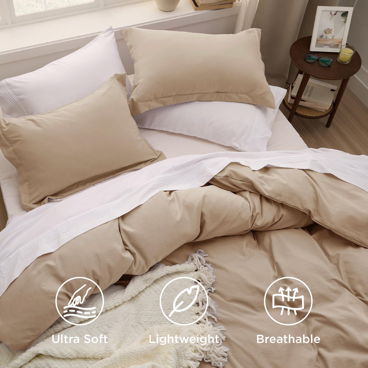 Bedsure Light Brown Duvet Cover Queen Size - 3 Pieces Prewashed Cotton-Like Extra Soft Bedding Set, Includes 1 Duvet Cover 90x90 Inches with Zipper Closure & 2 Pillow Shams, Comforter Not Included