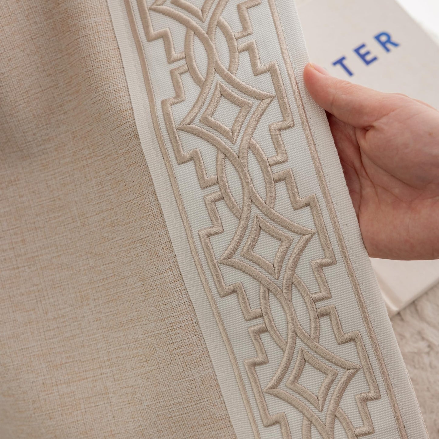 VisionaryHomeDesign Blackout Pinch Pleat Curtains with Embroidery Trim -Soft Beige Linen Blend Curtains for Living Room or Bedroom (50" W x 108" L)