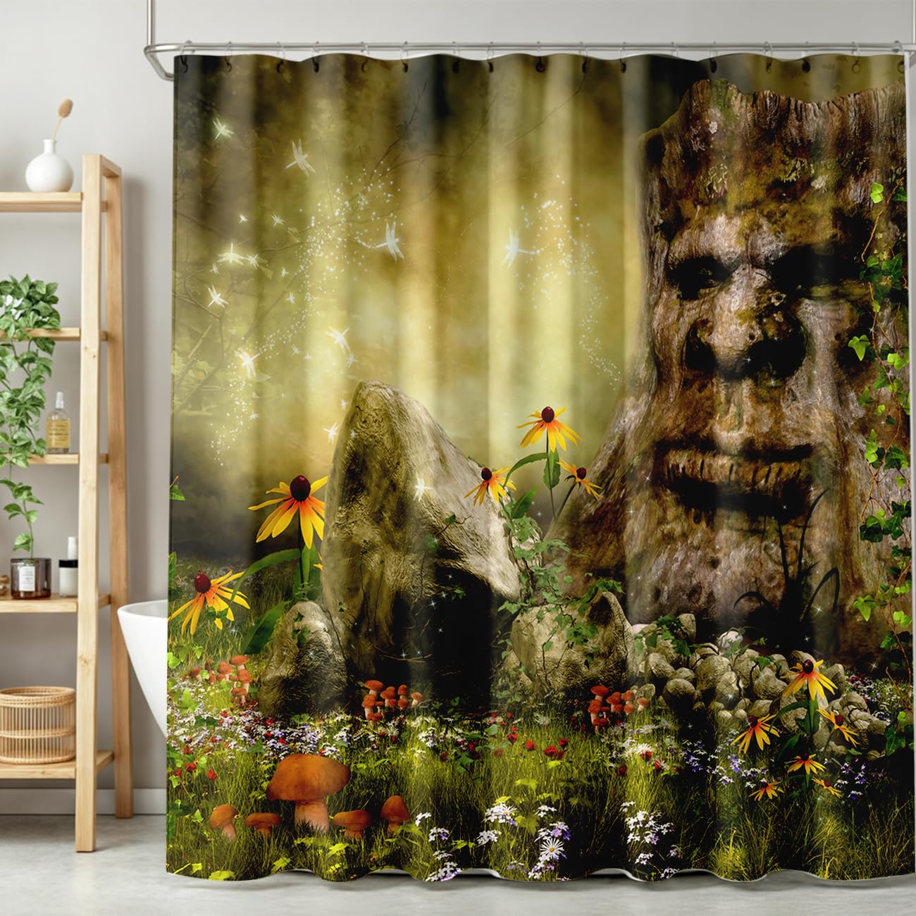 TYVGICZ Bohemian Fantasy Shower Curtain, Magic Forest Enchanted Woods Mystical Landscape Nature Tree Floral Mystical Landscape Bath Curtain for Bathroom Laundry Room Home Bedroom Decor,66x72 Inch