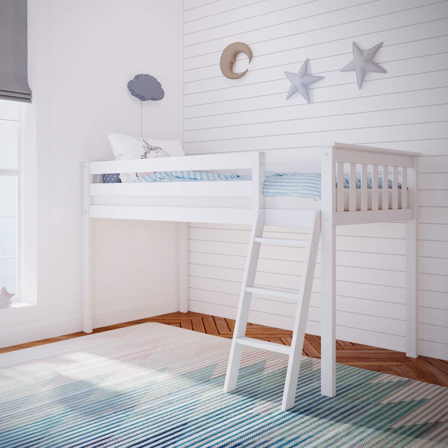 Max & Lily Low Loft Bed, Twin Bed Frame For Kids, White