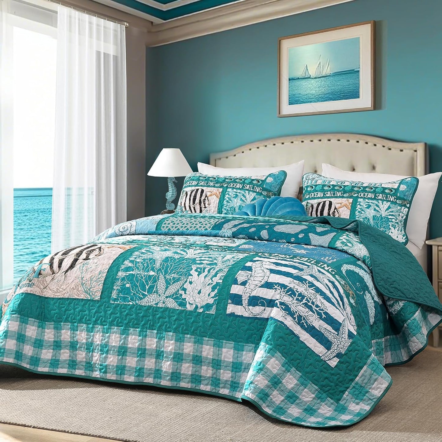 DJY Coastal King Size Quilt Set 3 Piece,Summer Beach Bedspread Coverlet Lightweight Green Ocean Theme Plaid Patchwork Bedding Set with Shams,Reversible Microfiber Comforter Set for All Seasons