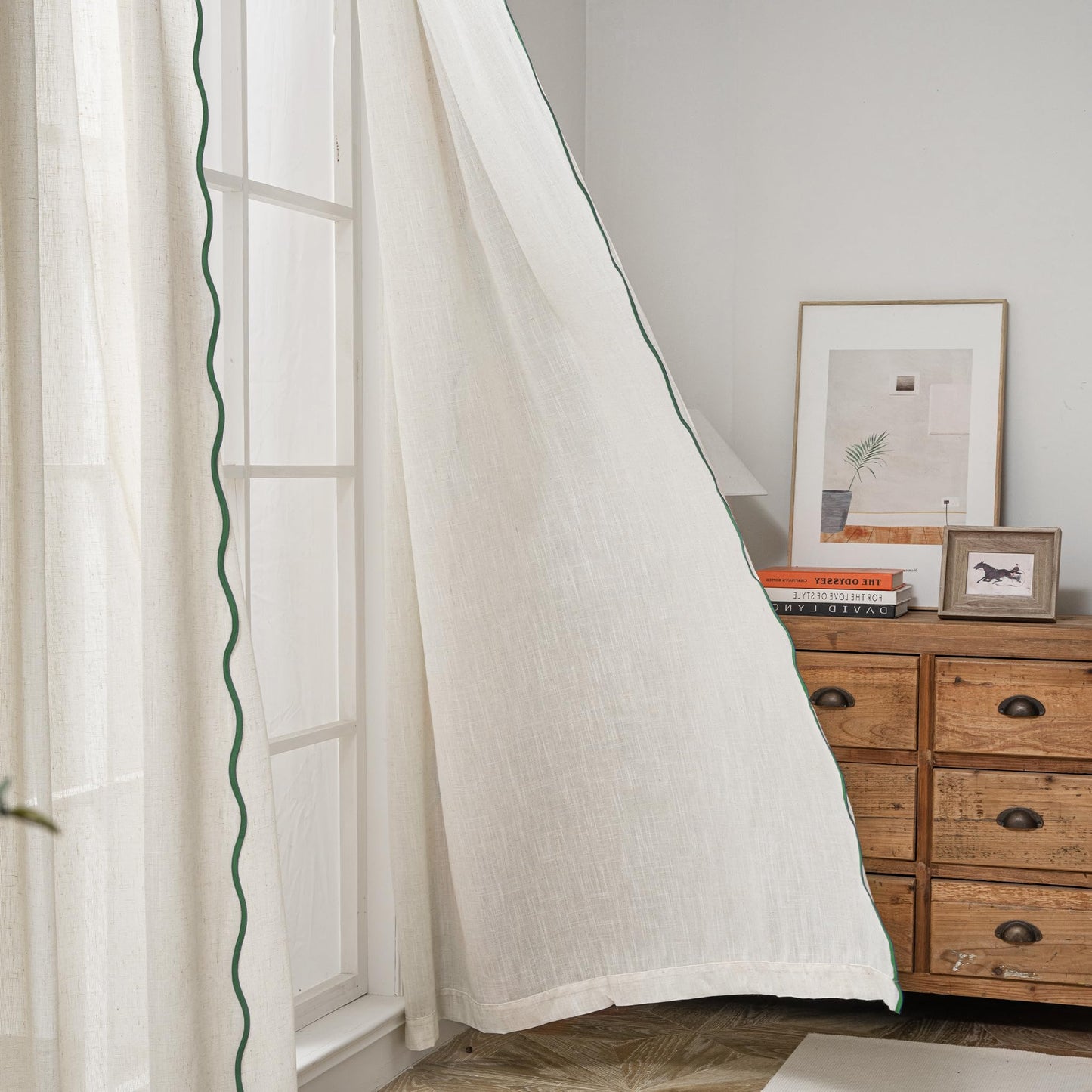 DriftAway Semi Sheer Scalloped Edge Linen Coastal Beach Window Curtains for Living Room Bedroom 2 Panels Rod Pocket Each Size 52 Inch by 84 Inch Loden Green