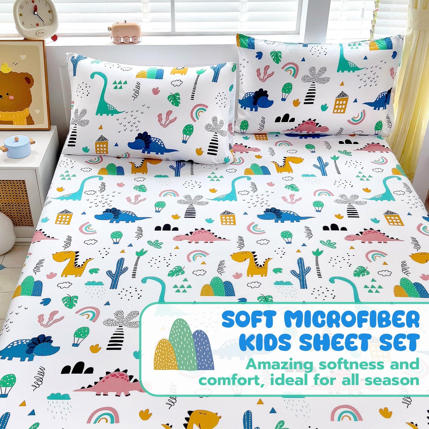 Homilay Full Sheet Set Kids - Dinosaur 4 Pieces Soft Microfiber Cartoon Style Bedsheets for Boys Girls Teens, Oeko TEX Breathable 15 Inch Deep Pocket Sheets(Jurassic Period)