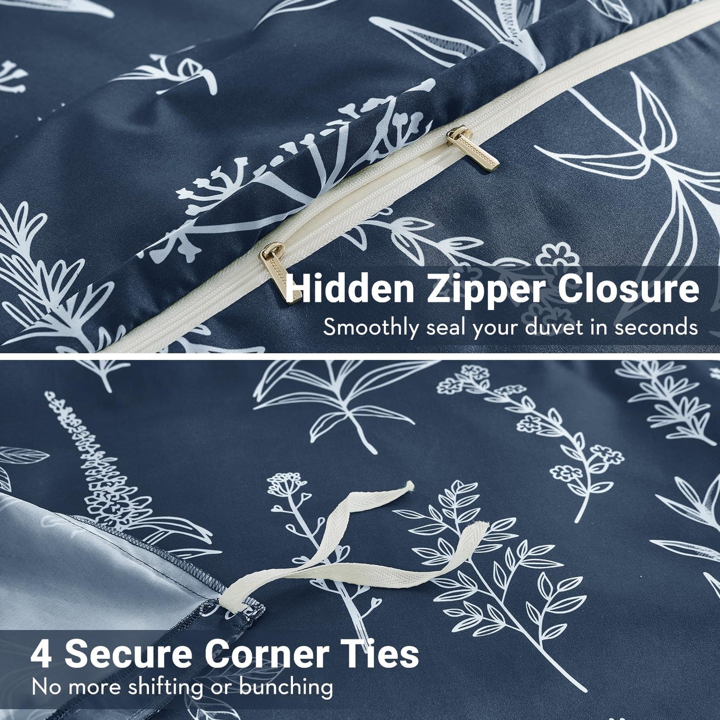 MUXHOMO Duvet Cover Queen Size, Reversible Floral Navy Duvet Cover Set with Zipper Closure, 3 Pieces Botanical Patterns Soft Microfiber Bedding Set with 4 Ties (90"x90", 2 Pillow Cases)