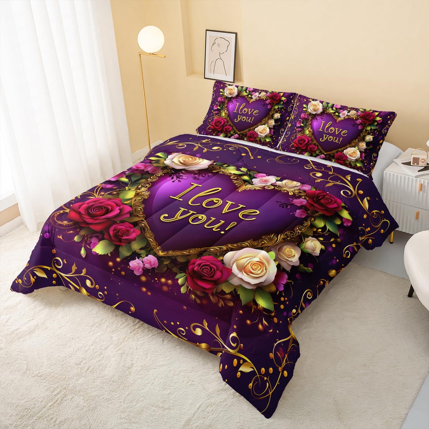 QOOMO 3Pcs Flower Print Comforter Set Queen Size,Cute Plants Bedding Set for Teens Boys Girls,Purple Comforter with 2 Pillowcases,Soft and Lightweight