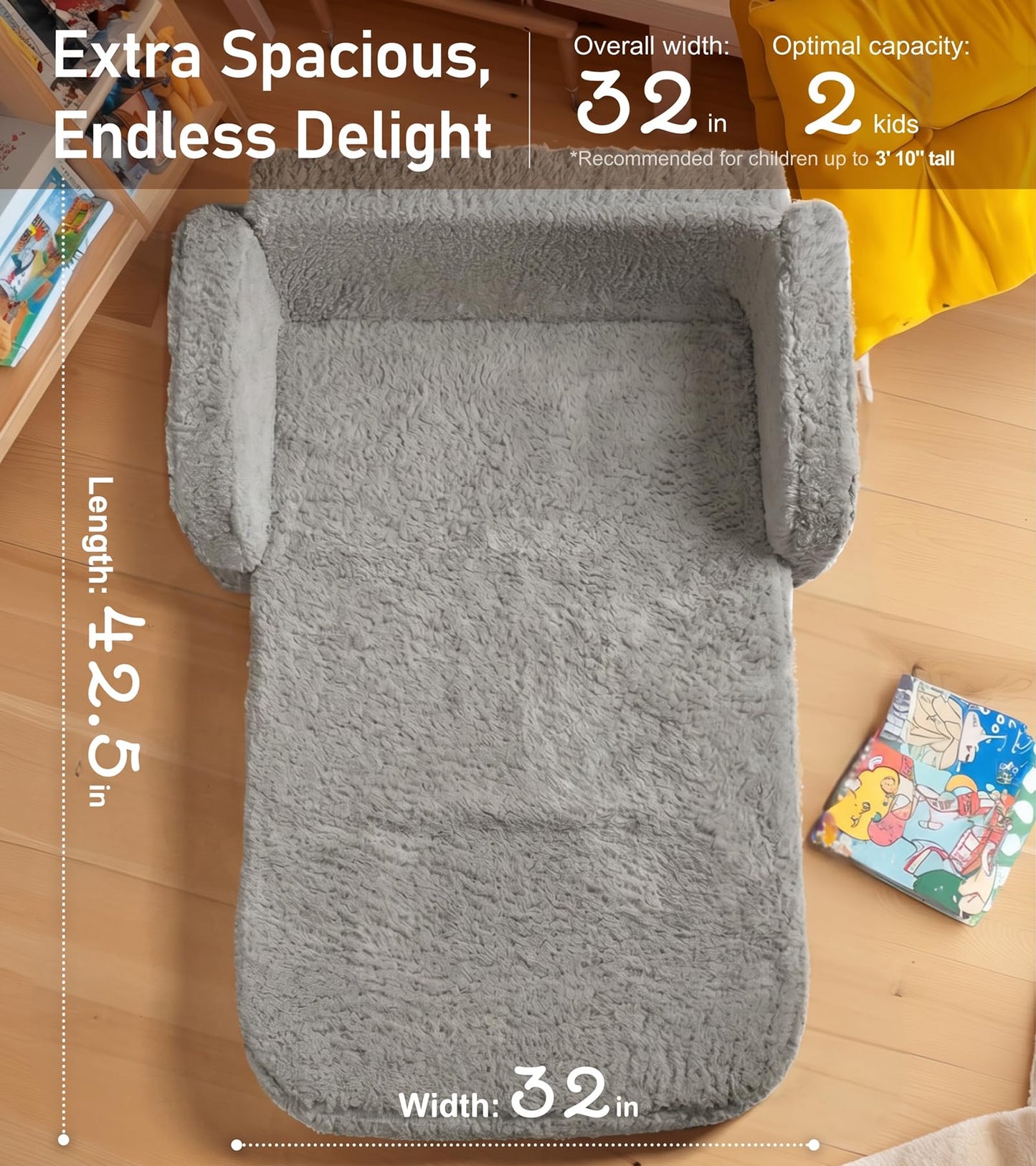 little dove 2-in-1 Sherpa Fold Out Kids Couch, Extra Wide Comfy Kid Chair, Convertible Kids Sofa, Foldable Kid Couch with High Density Foam for Boys & Girls, Gray
