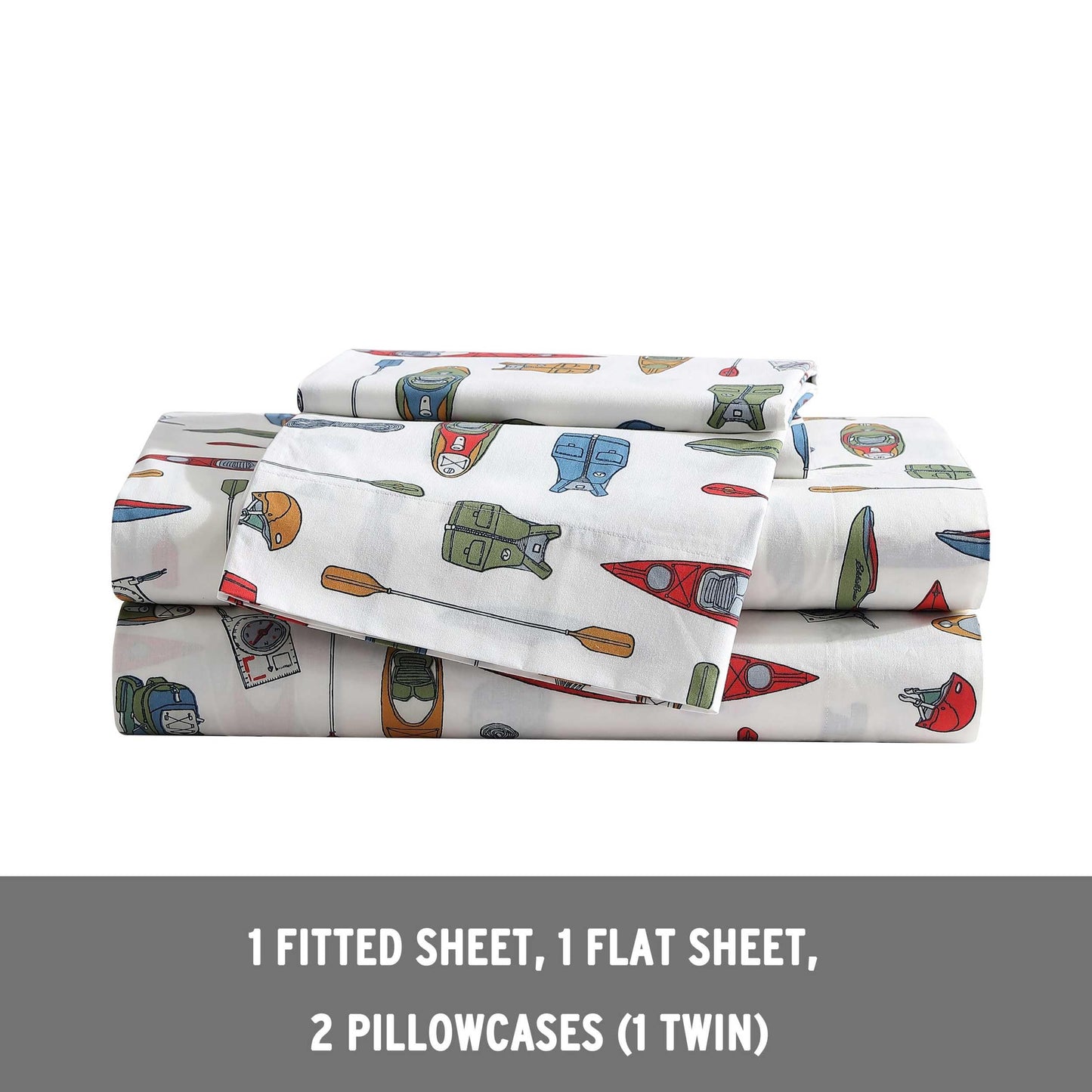 Eddie Bauer - Twin Size Sheet Set, 100% Cotton Percale Bedding, Crisp & Breathable Bed Sheets with Pillowcase, Fully Elastic Fitted Sheet, Deep Pocket Fit (Kayak Adventure)