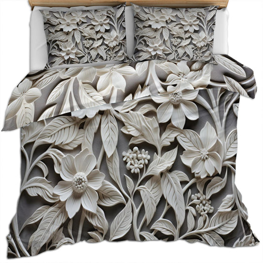 PAISUOQ Floral Duvet Cover Queen Size - 3D Floral Embossed Home Decor & Gifts, 3 Piece Back to School Dorm Bedding, Easy Care Microfiber Comforter Cover & Pillowcases, Gray & White