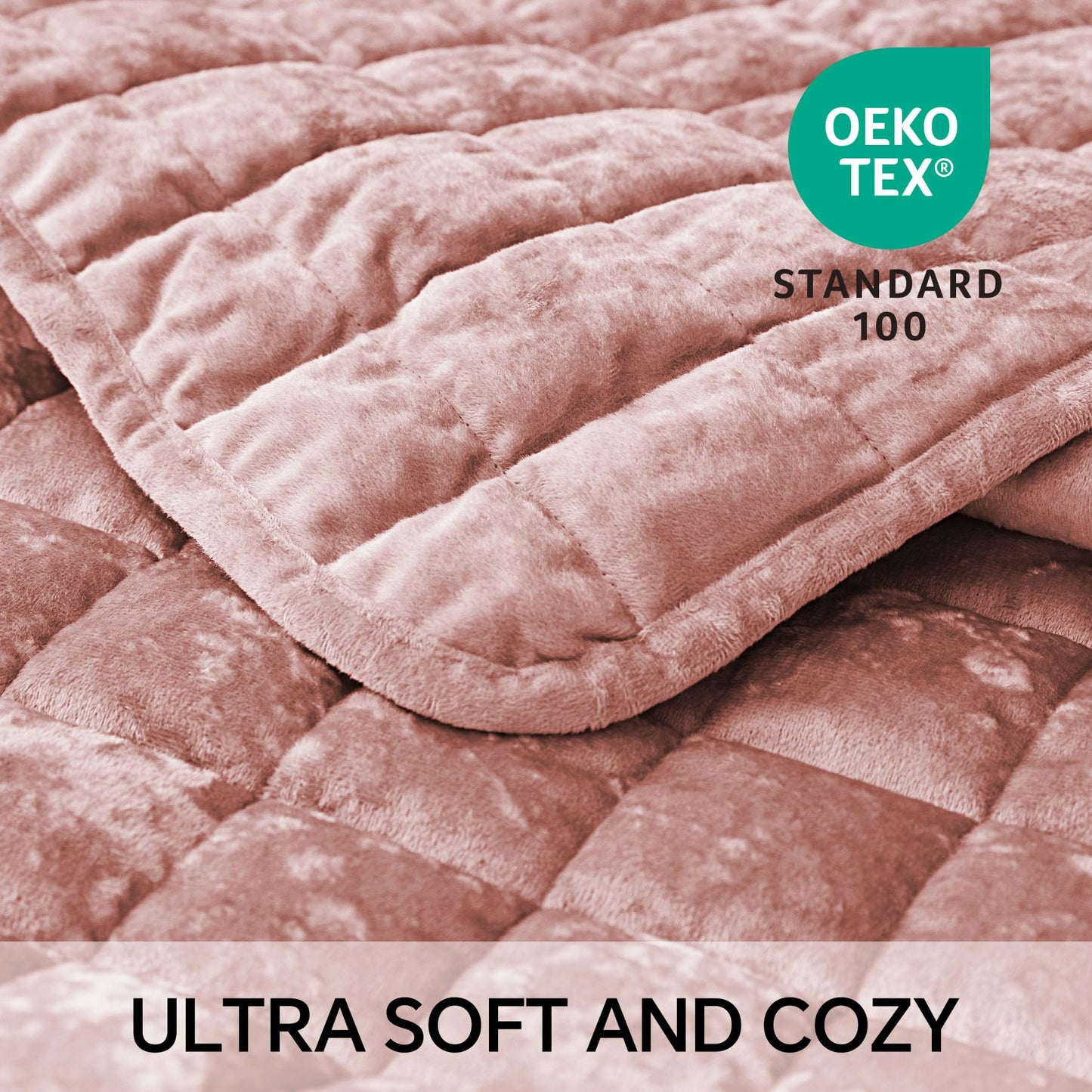 BEDELITE Velvet Quilt Set King Size - Luxury Soft Velvet Comforter Bedding Set for All Season, Lightweight Quilted Box Stitch Oversized Bedspread Coverlet with 2 Matching Shams, Shiny Dusty Pink