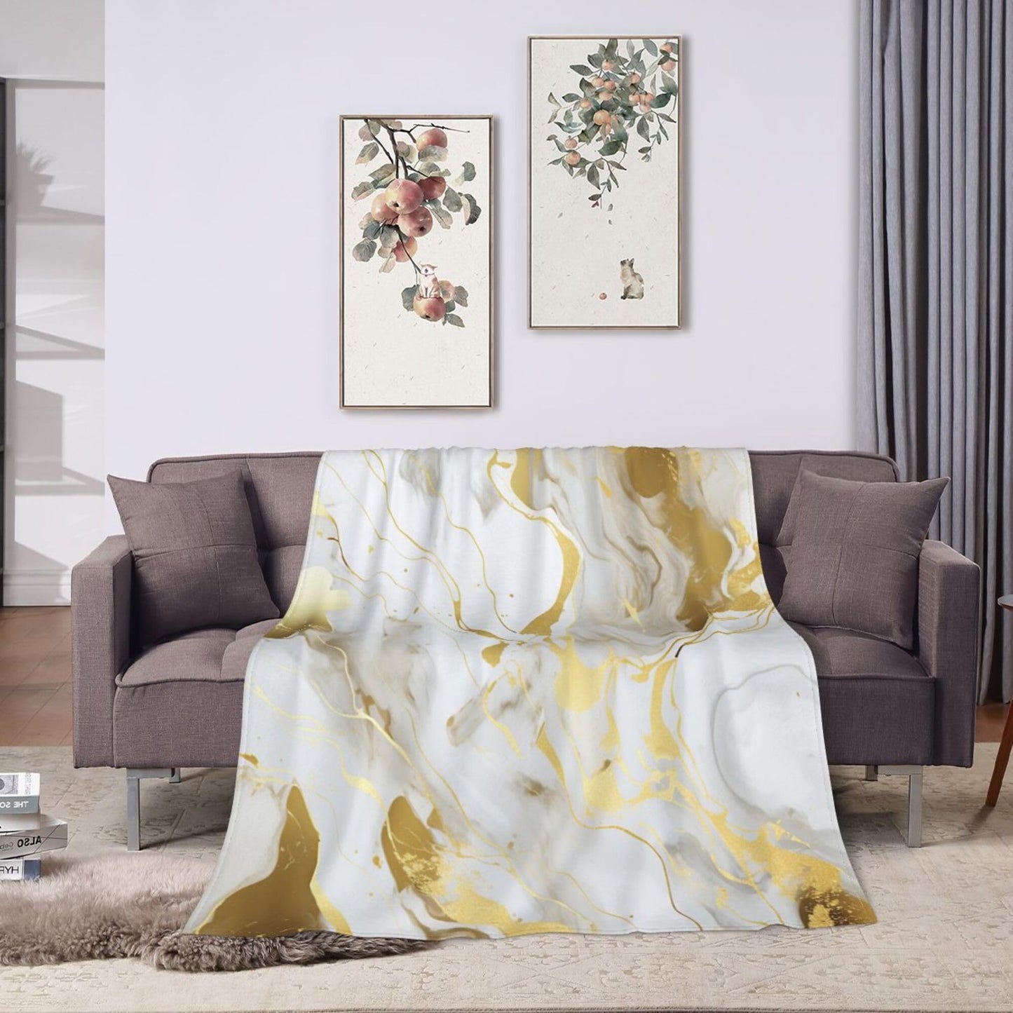 Soft Warm Throw Blanket for Couch Living Room White Golden Marble Texture Print Cozy Fuzzy Throw Blanket for Sofa Bed Blanket 60"x50"