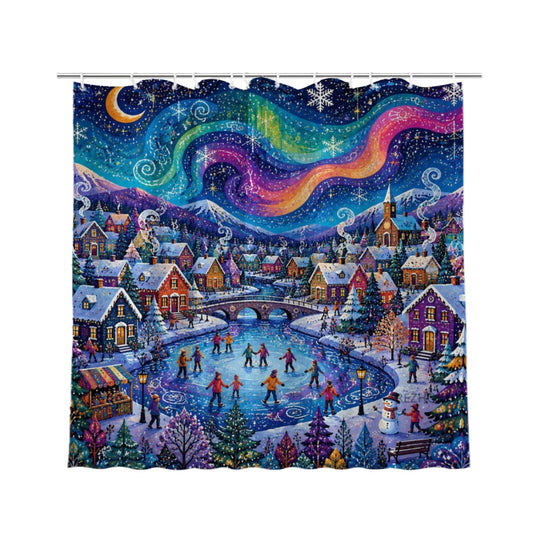 REZHOCH Ice Skating Village Shower Curtain 72x72 Inch, Snowy Town Frozen Lake Aurora Sky Winter Festival Scene Colorful Bathroom Decor Bath Set with Hooks