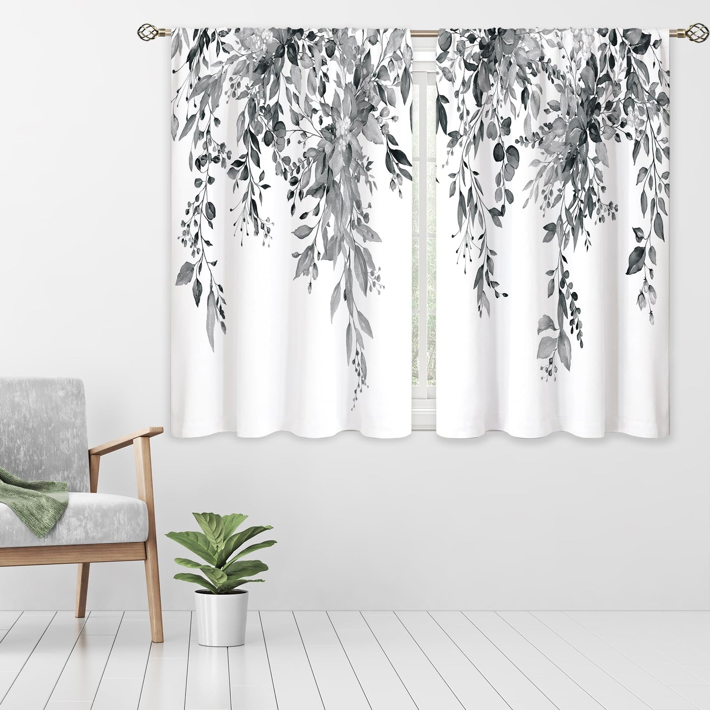 oolygoo Eucalyptus Botanical Leaves Grey Floral Kitchen Window Curtains Over Sink Farmhouse Flower Leaf Small Window Treatment Cafe Short Curtains for Bathroom Treatment Tier Drapes 27.5x39 inch
