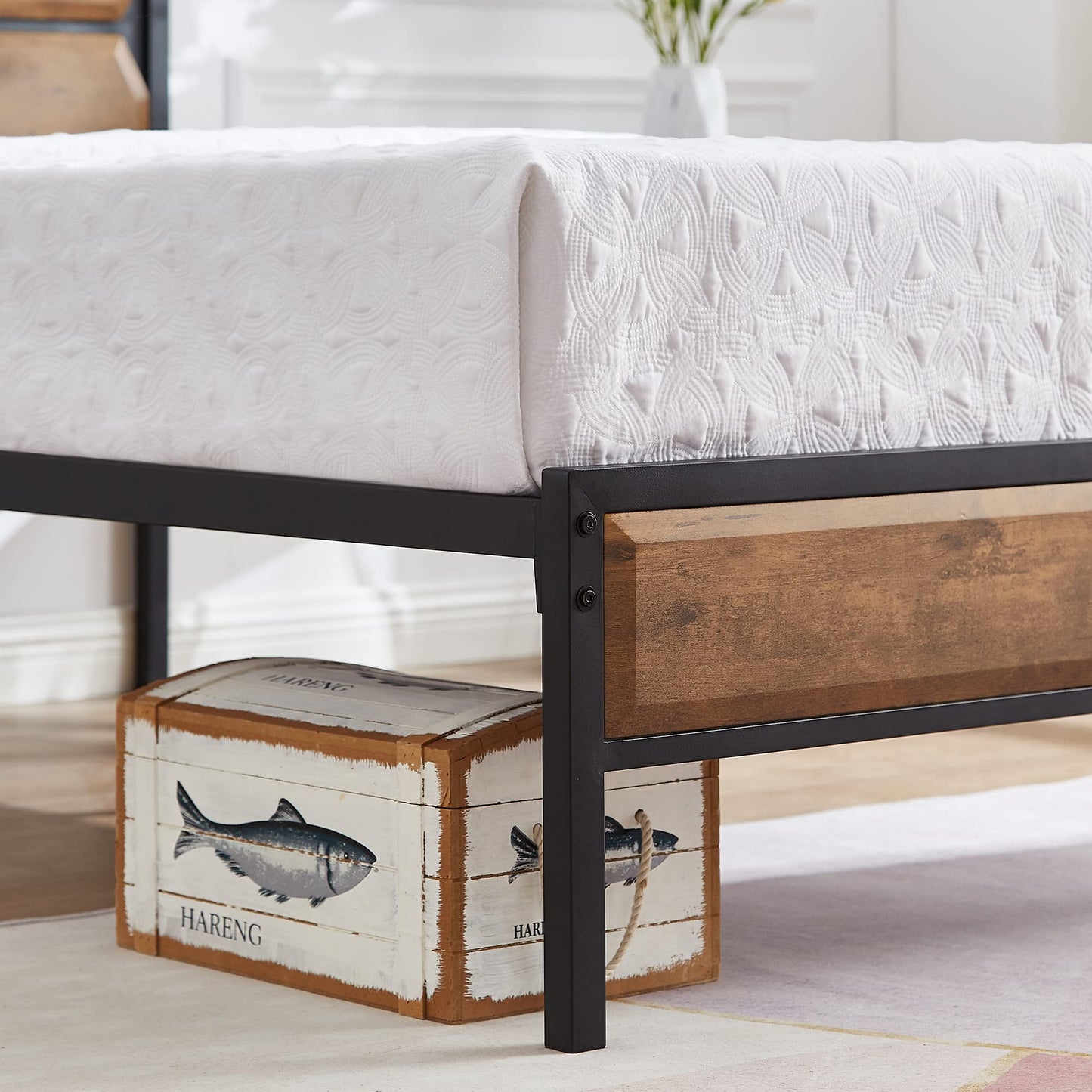 VECELO Twin Bed Frame Twin Size Bed with Wooden Headboard & Footboard, Metal Platform Mattress Foundation with Strong Slats Support& Storage Space, No Box Spring Needed/Easily Assemble