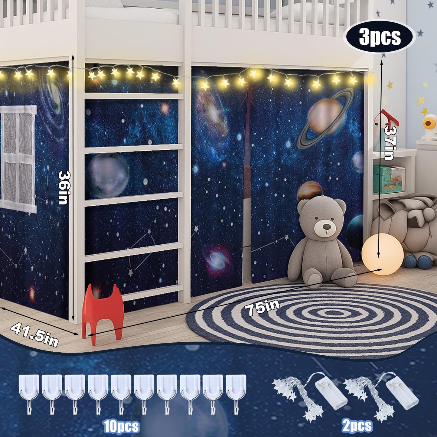 Frienda Galaxy Loft Bed Tent Curtain Set 75 x 36 x 41.5 Inches Space Bunk Bed Tent with String Light Galaxy Blackout Curtains Decoration for Home Bedroom Dorm Privacy Protection Decoration
