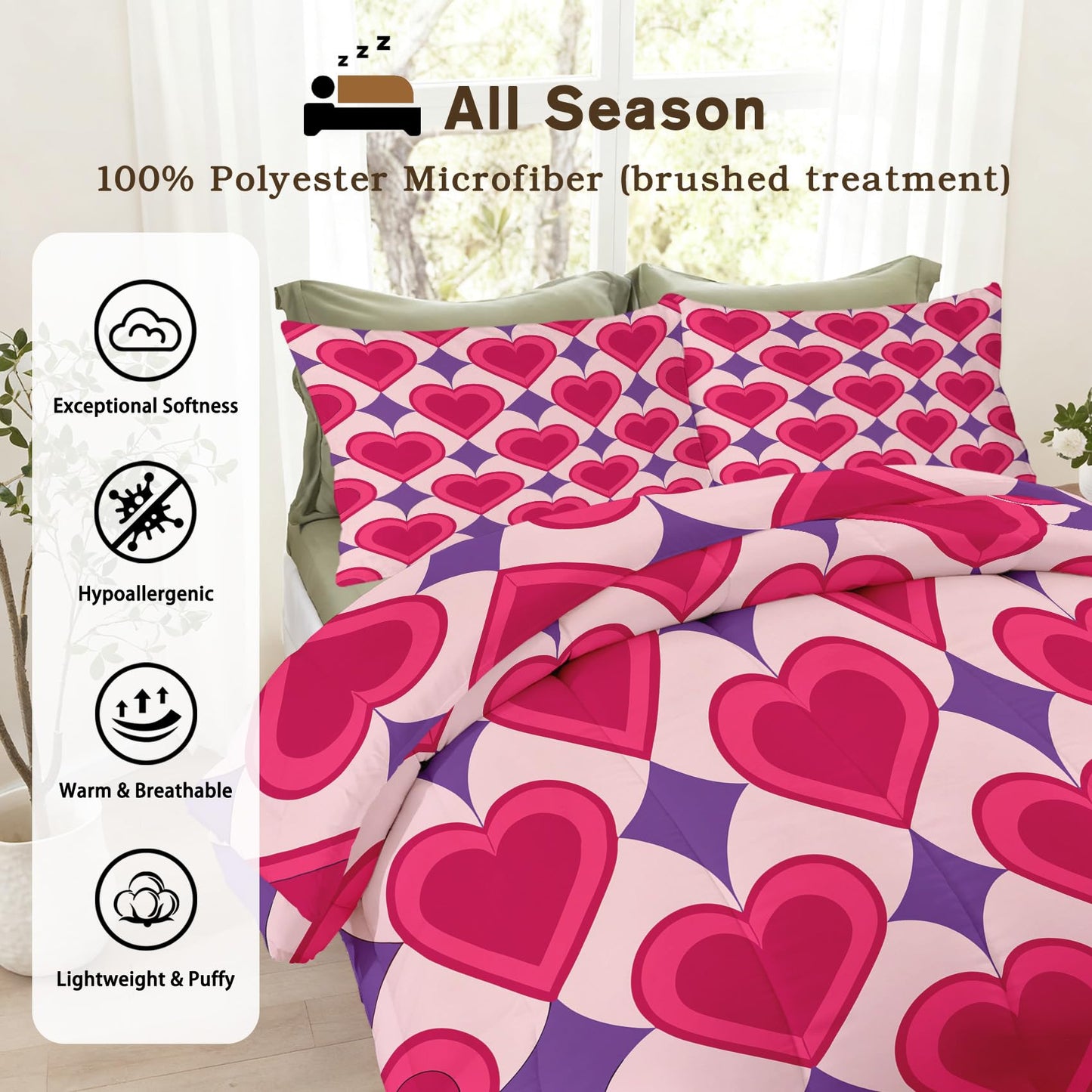 TANCAPRIUM Retro Heart Comforter Set Twin - 70s Bedding Set & 2 Pilow Cases for All Season - Soft Reversible Down Alternative 3 Piece. Retro Bedrom Decor