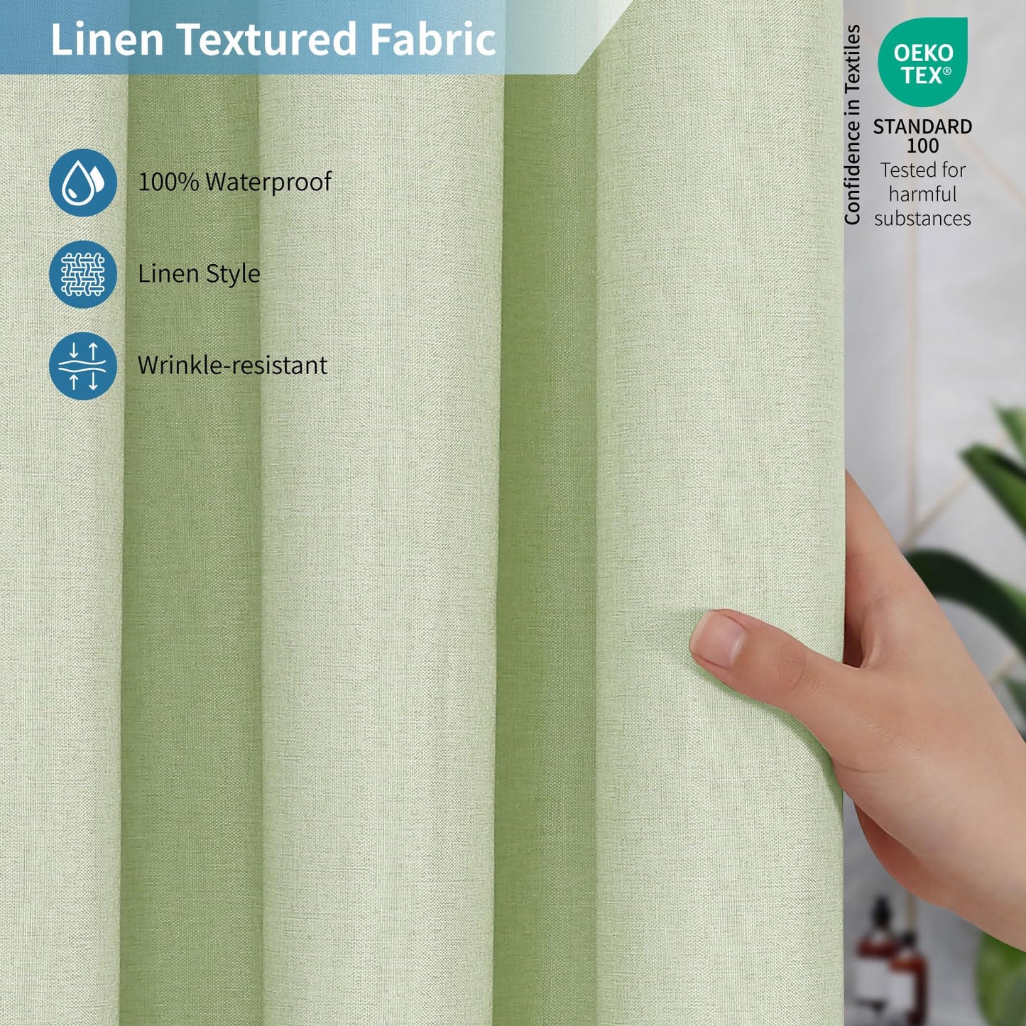 THAIGEE 2-in-1 Waterproof Long Fabric Shower Curtain,No Separate Liner Needed,Linen Textured,78 Inch Effortless Cleaning & Washable Bathroom Shower Curtain Set with 12 Plastic Hooks,72"x78",Green