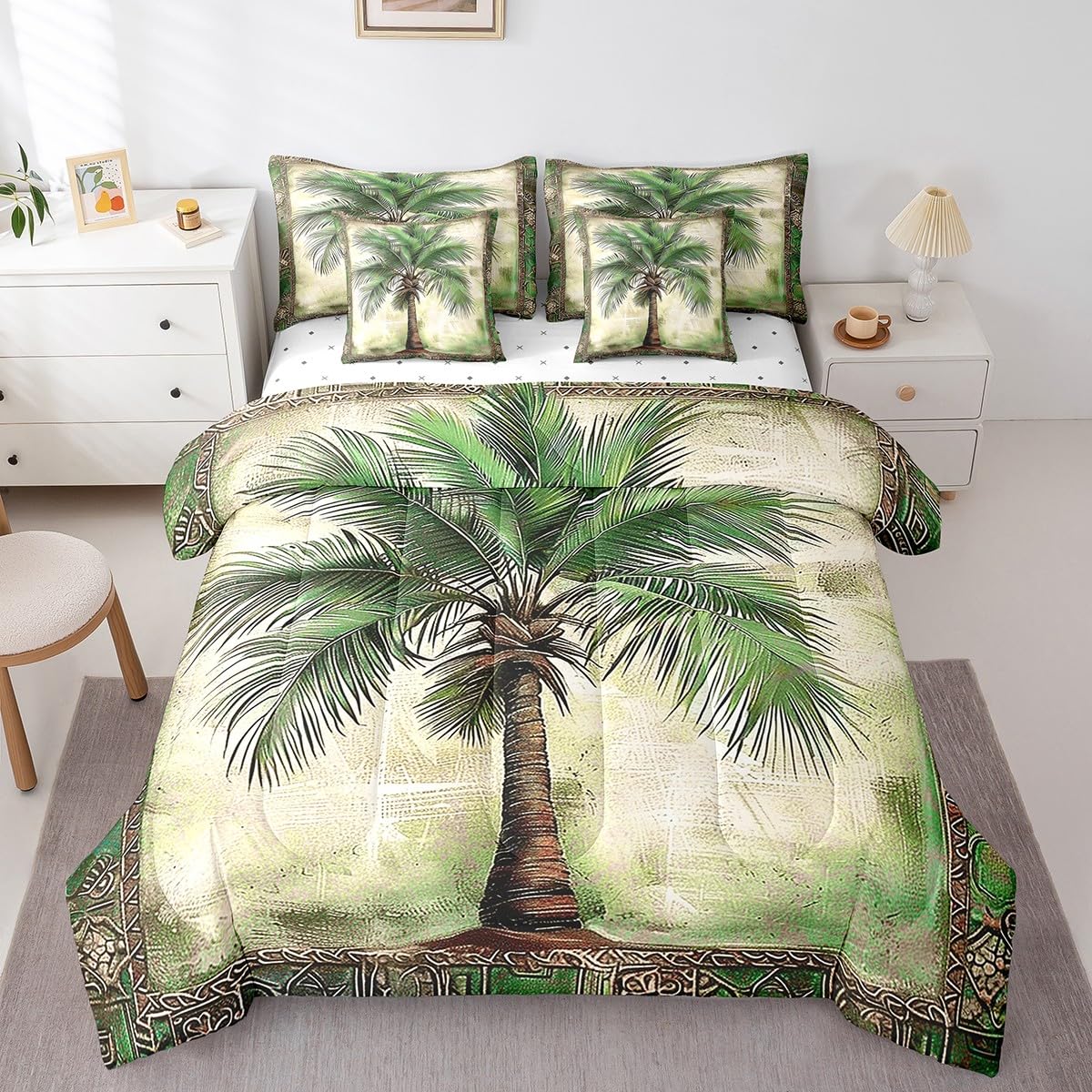 Feelyou Green Palm Tree Print 7 Pieces Bedding Set Palm Leaf Twin Comforter Set with Sheets for Boys Girls Kids Room Decor Beach Theme Bed in a Bag Hawaiian Beach Bed Set Botanical Nature Theme