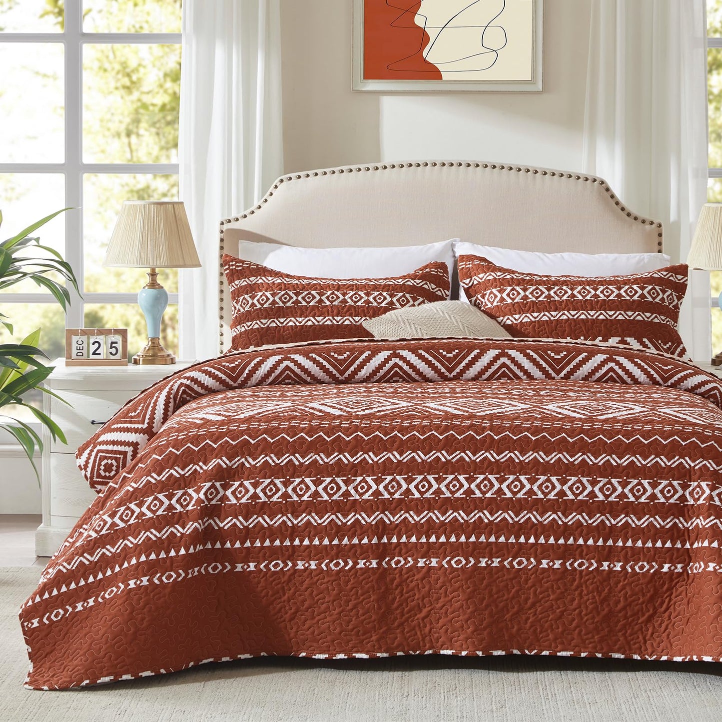 LEAONME 3 Pieces King Size Burnt Orange Rust Quilt Set with Checkered Pattern Lightweight Oversized Bedspread 98''x106'' Soft Coverlet Warm Bed Cover for All Seasons (1 Quilt, 2 Pillow Shams)