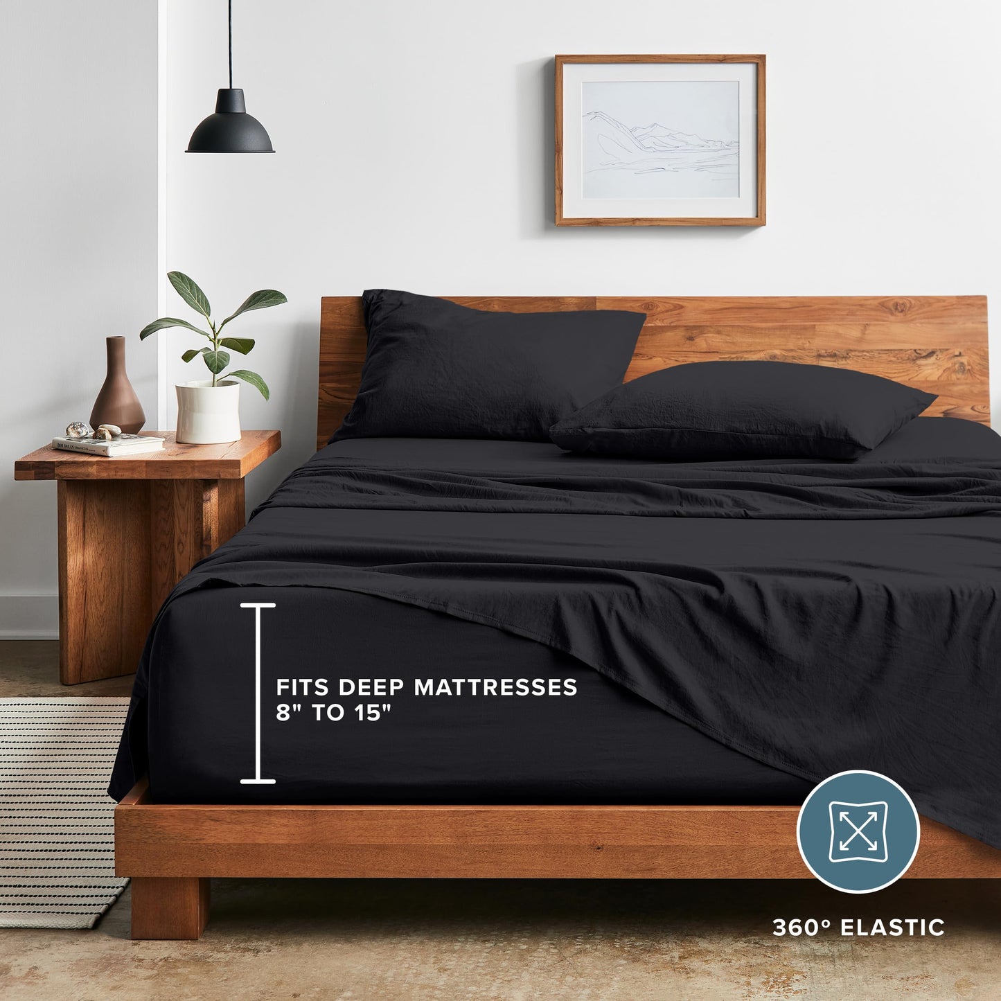 Bare Home Queen Sheet Set - Luxury 1800 Ultra-Soft Stonewashed Microfiber - Brushed - Deep Pockets - Easy Fit - Breathable Bedding - Sheet Sets & Pillowcases (Queen, Black)