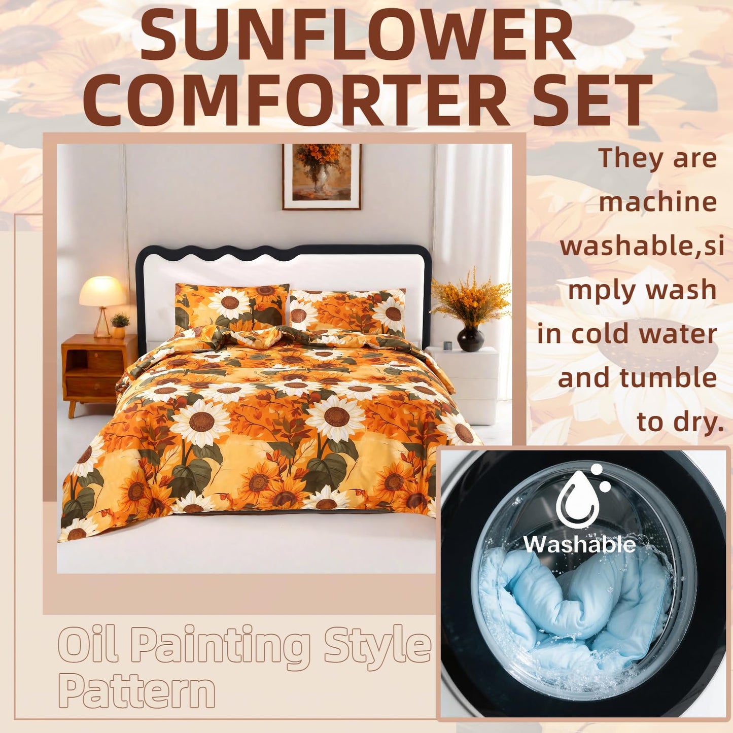 MAG 3Pcs Sunflower Twin Comforter Set,Microfiber Floral Twin Bedding Set,Boho Orange Flower Pattern,All Season Included 1 Comforter + 2 Pillowcases for Toddler Kids Boys Girls,Breathable and Wrinkle.