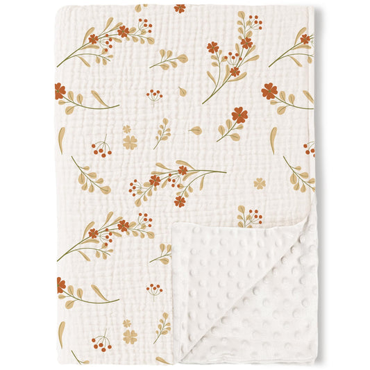 Konssy Baby Blankets for Unisex Boys Girls, Super Soft Nursery Minky Blankets with Muslin Cotton Front and Dotted Fleece Backing, Printed Bed Throws Newborn
