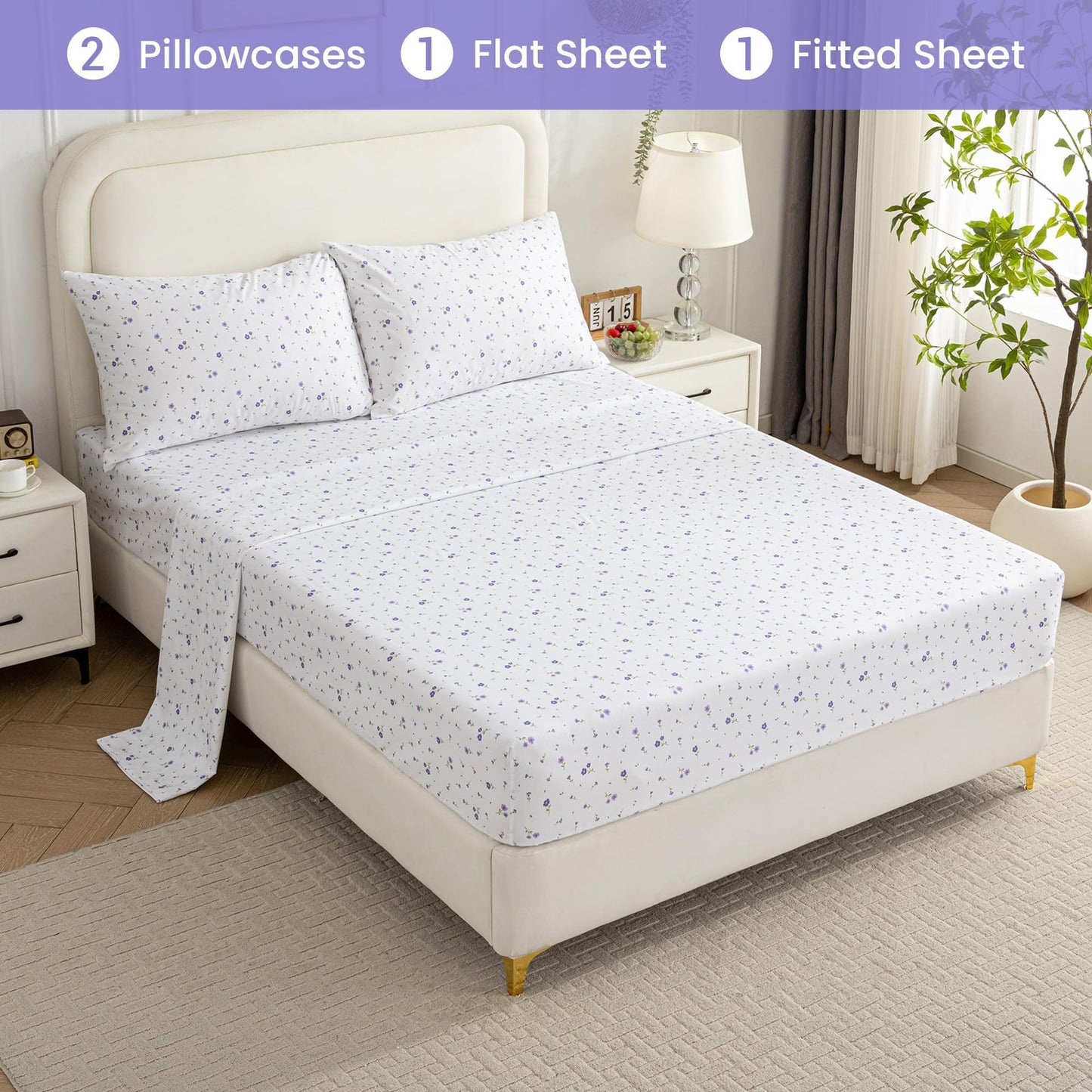 Softan Floral Full Sheet Set Purple Flower Printed Bed Sheets Double, Cozy Microfiber Patterned Fitted Sheets with 15" Deep Pocket & Non-Slip Straps, Cute Purple Sheets and Pillowcase Set