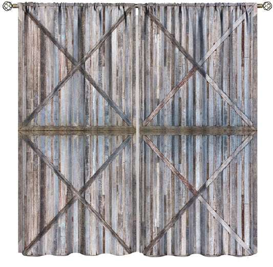 ICMOLYYENLO Rustic Wooden Curtains - Vintage Barn Door Farmhouse Cottage Decorative Country Living Room Style Printed Curtains 42x45 inches