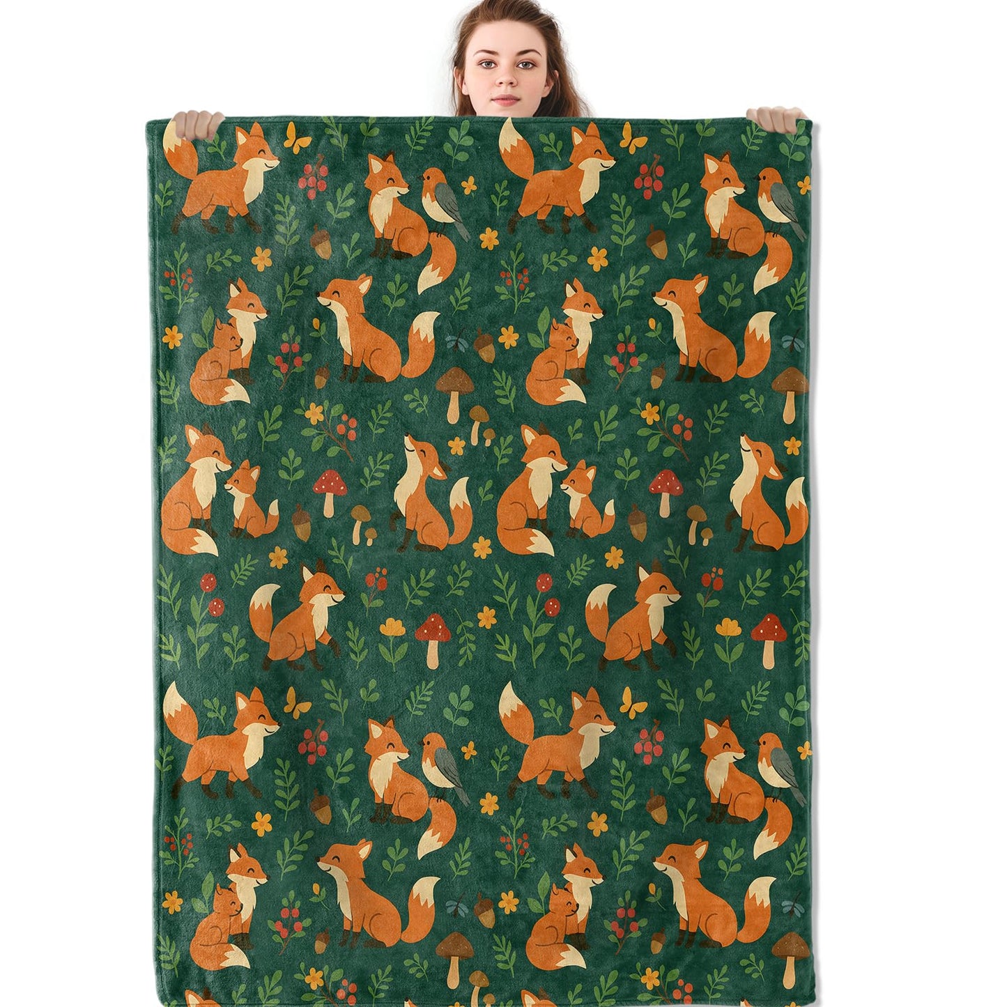 Mniedc Fox Forest Woodland Blanket, Cute Animal Nature Flannel Throw Blankets, 50"x60", Soft Warm Lightweight Fuzzy Cozy Throws for Couch Bed Sofa Camping Decorative Gifts for Kids Boys Girls, Green