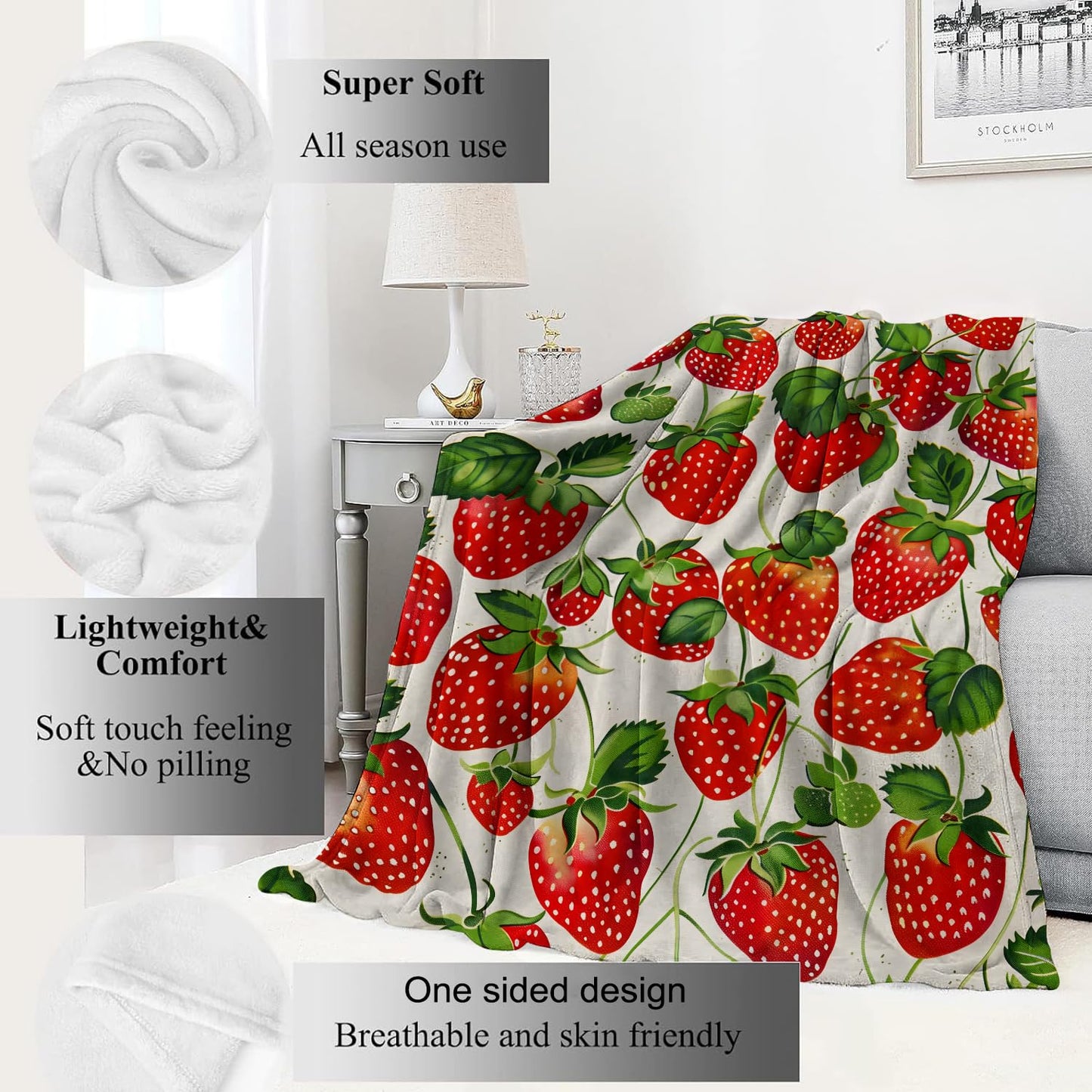 VODRM Strawberry Blanket Lush Red Strawberries Throw Blankets with Green Leaves,Birthday Gifts for Kids Adult Women,Lightweight Soft Fleece,for Sofa Couch Bed Room Farmhouse Decor 50x60in